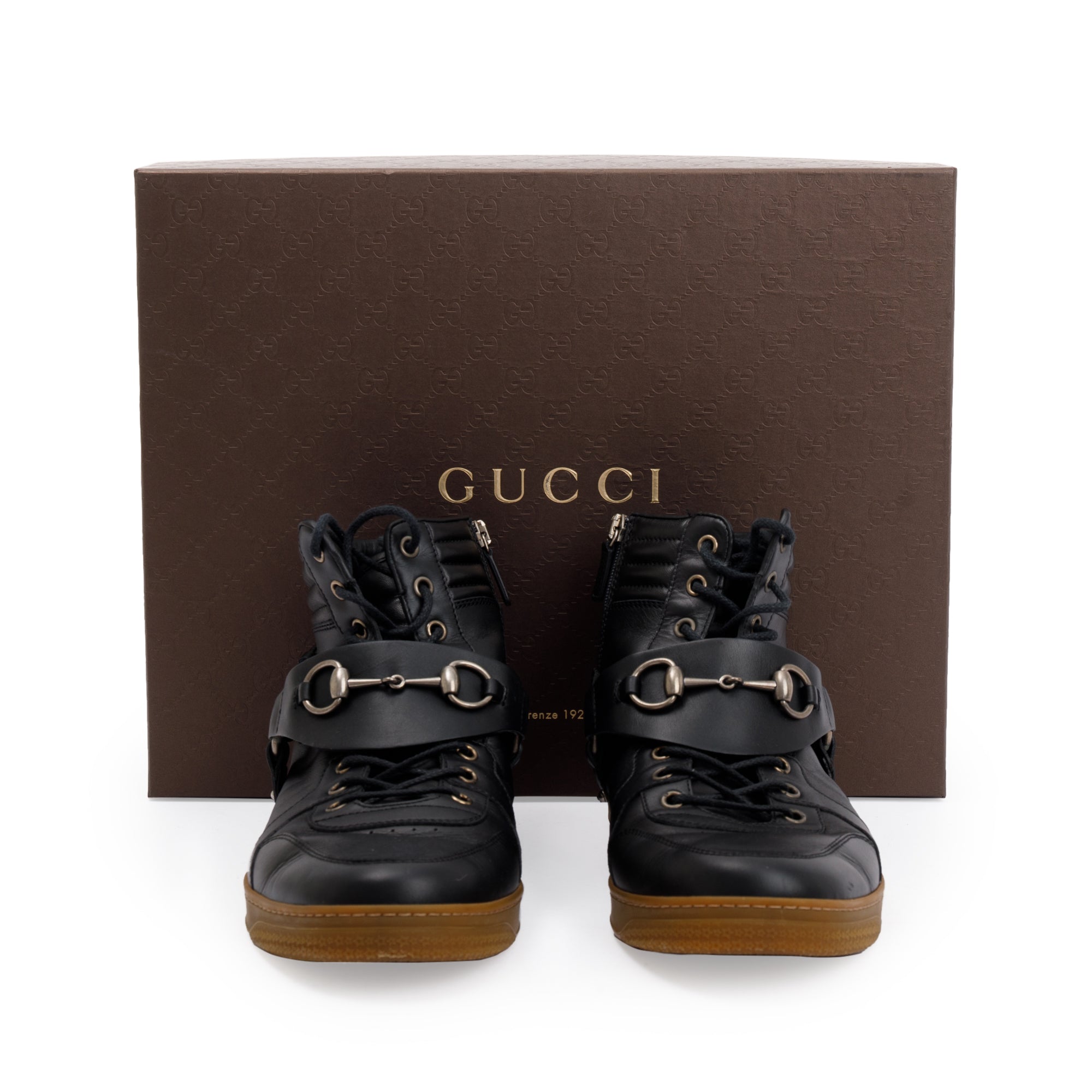 Gucci Black Leather Horsebit Accent High Top Sneakers, Size 8.5 w/ Box