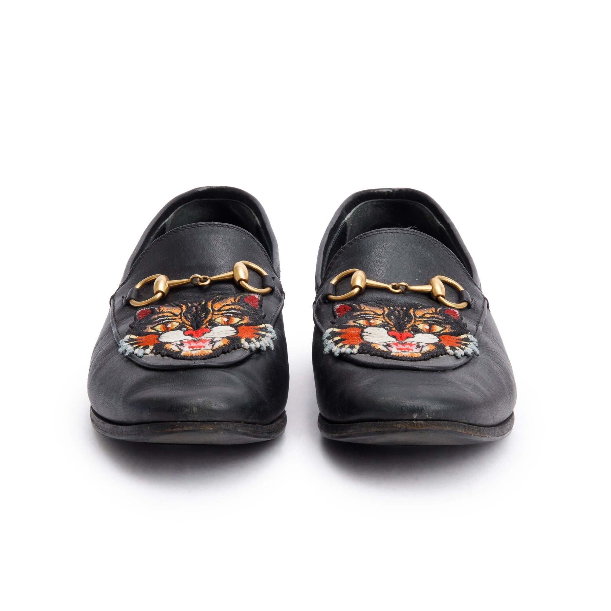 Gucci Black Leather Horsebit Accent Tiger Loafers, Size 6.5 w/ Box