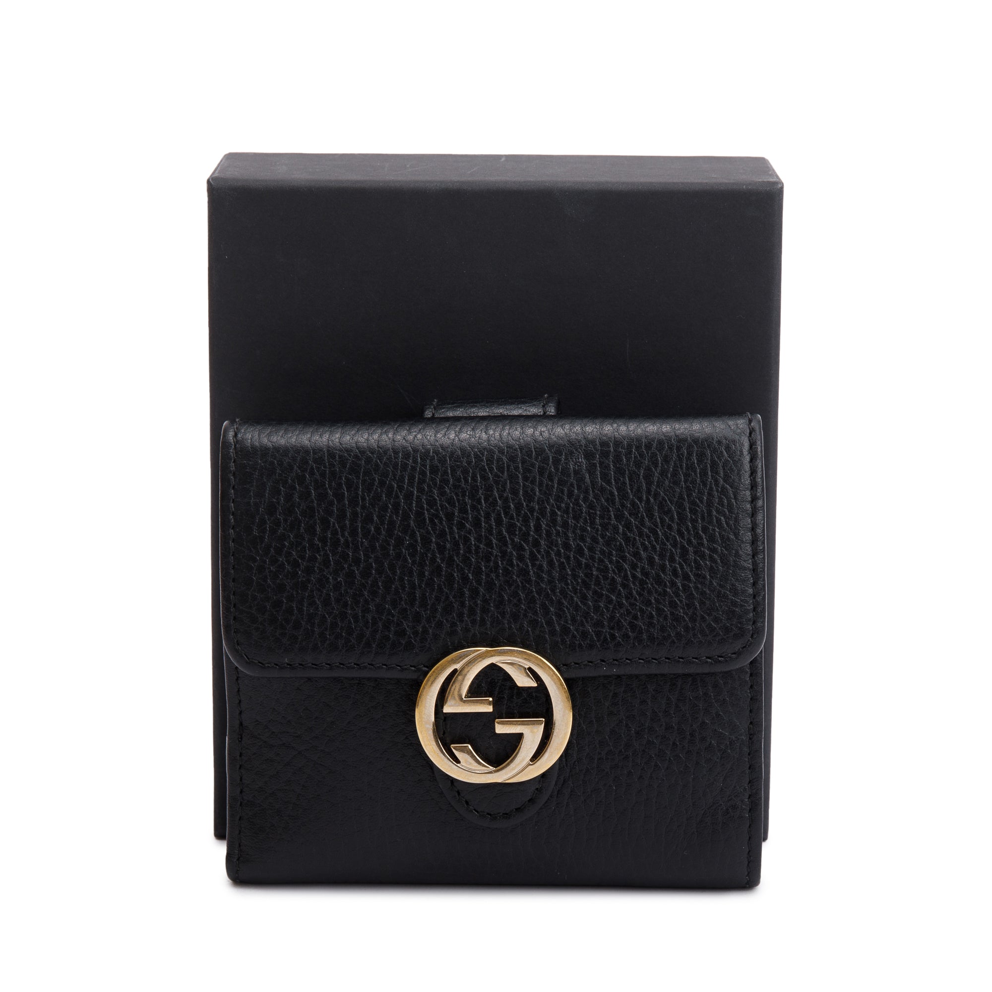 Gucci Black Leather Interlocking G Logo Compact Wallet w/ Box
