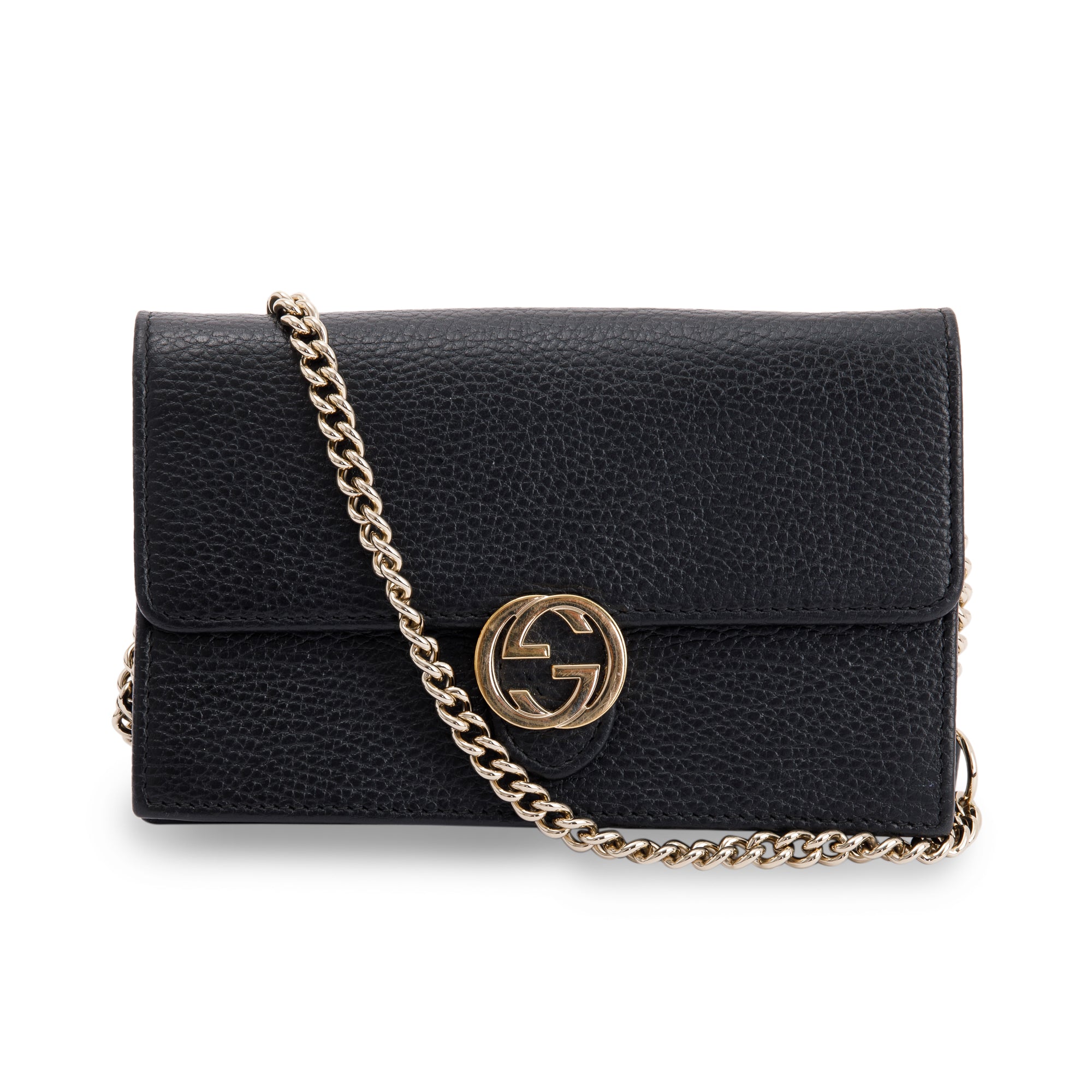 Gucci Black Leather Interlocking G Wallet on Chain w/ Box