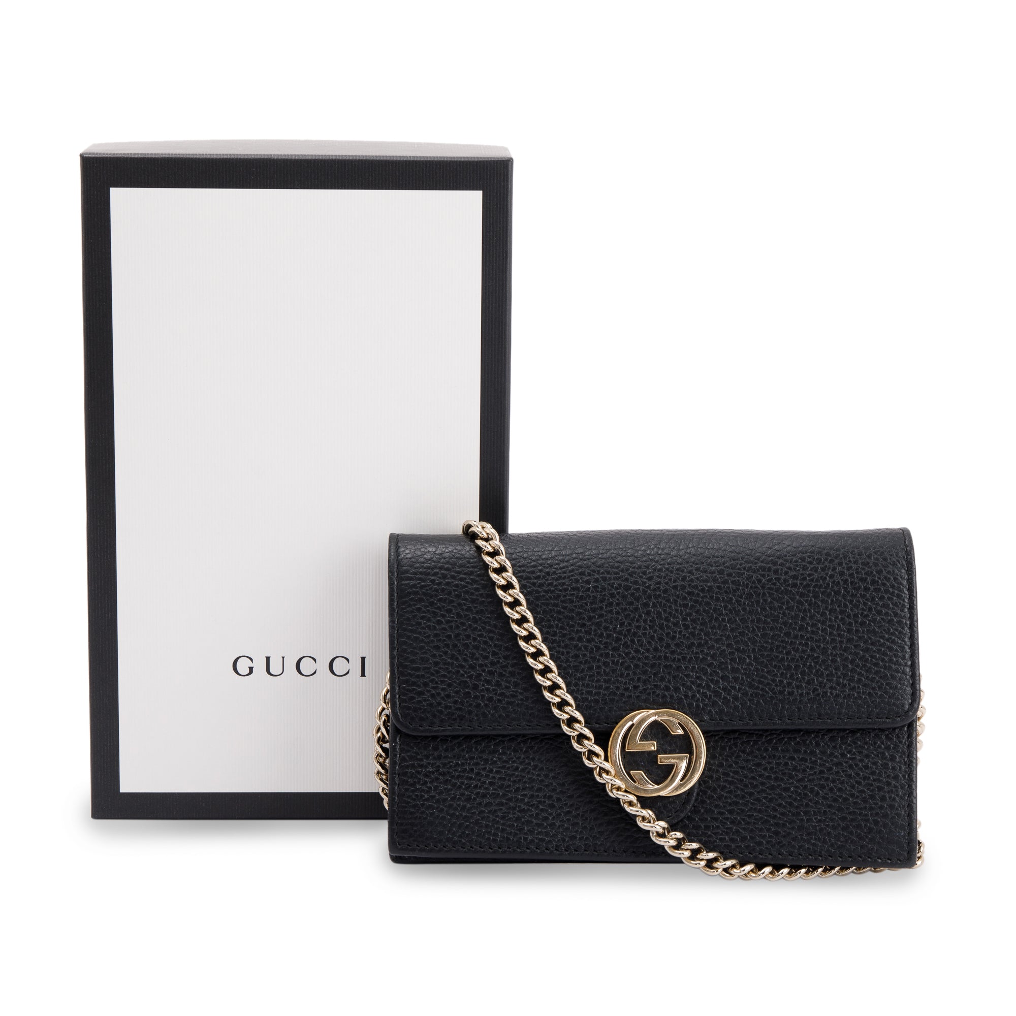 Gucci Black Leather Interlocking G Wallet on Chain w/ Box