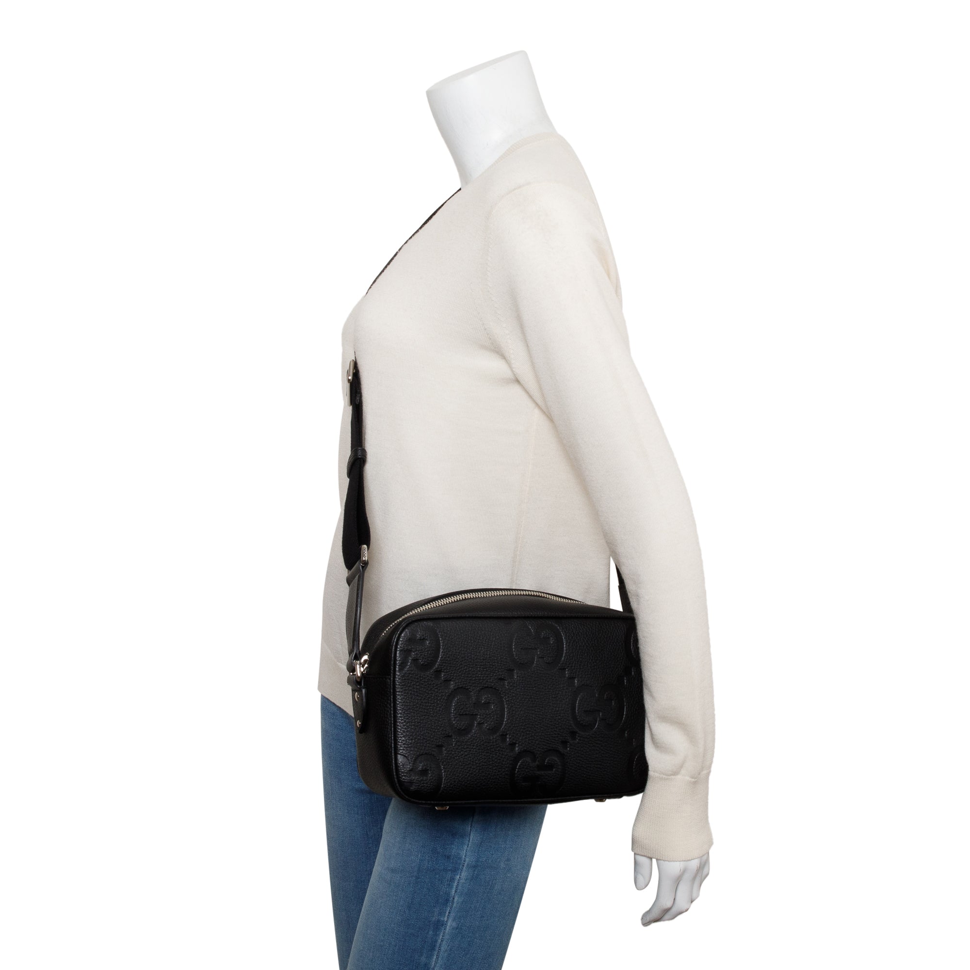 Gucci Black Leather Jumbo GG Medium Messenger Bag