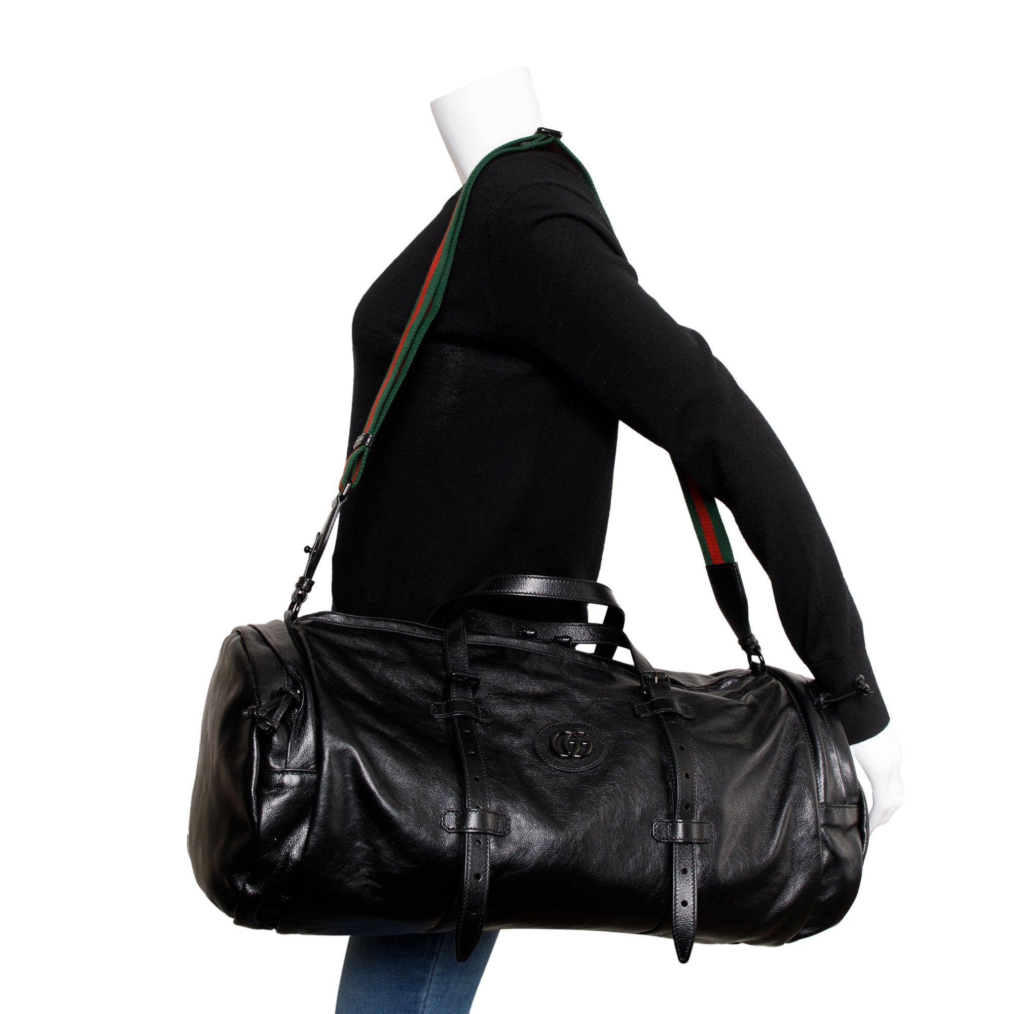 Gucci Black Leather Large Duffle Bag with Tonal Double G w/ Strap