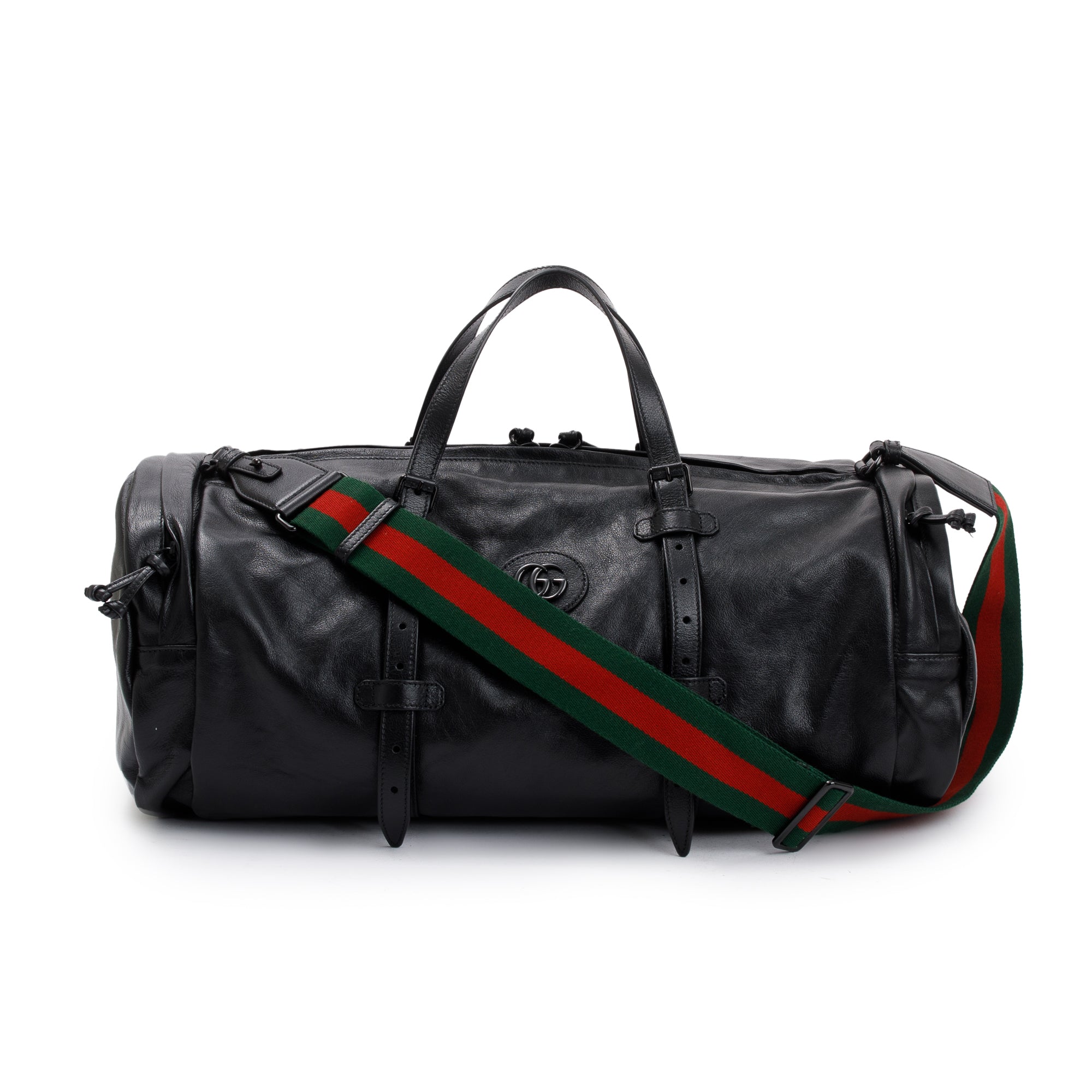 Gucci Black Leather Large Duffle Bag with Tonal Double G w/ Strap