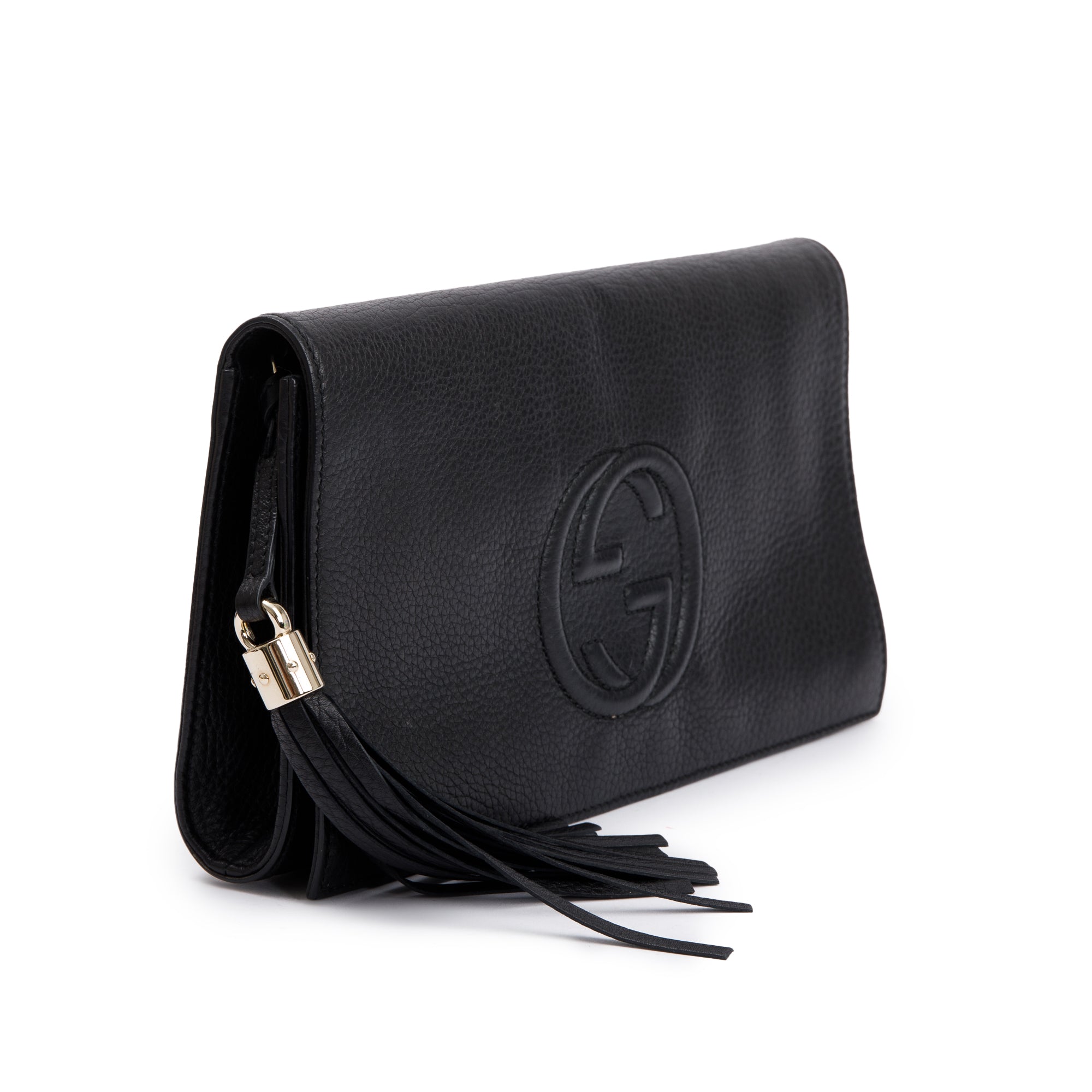 Gucci Black Leather Medium GG Soho Tassel Clutch Bag