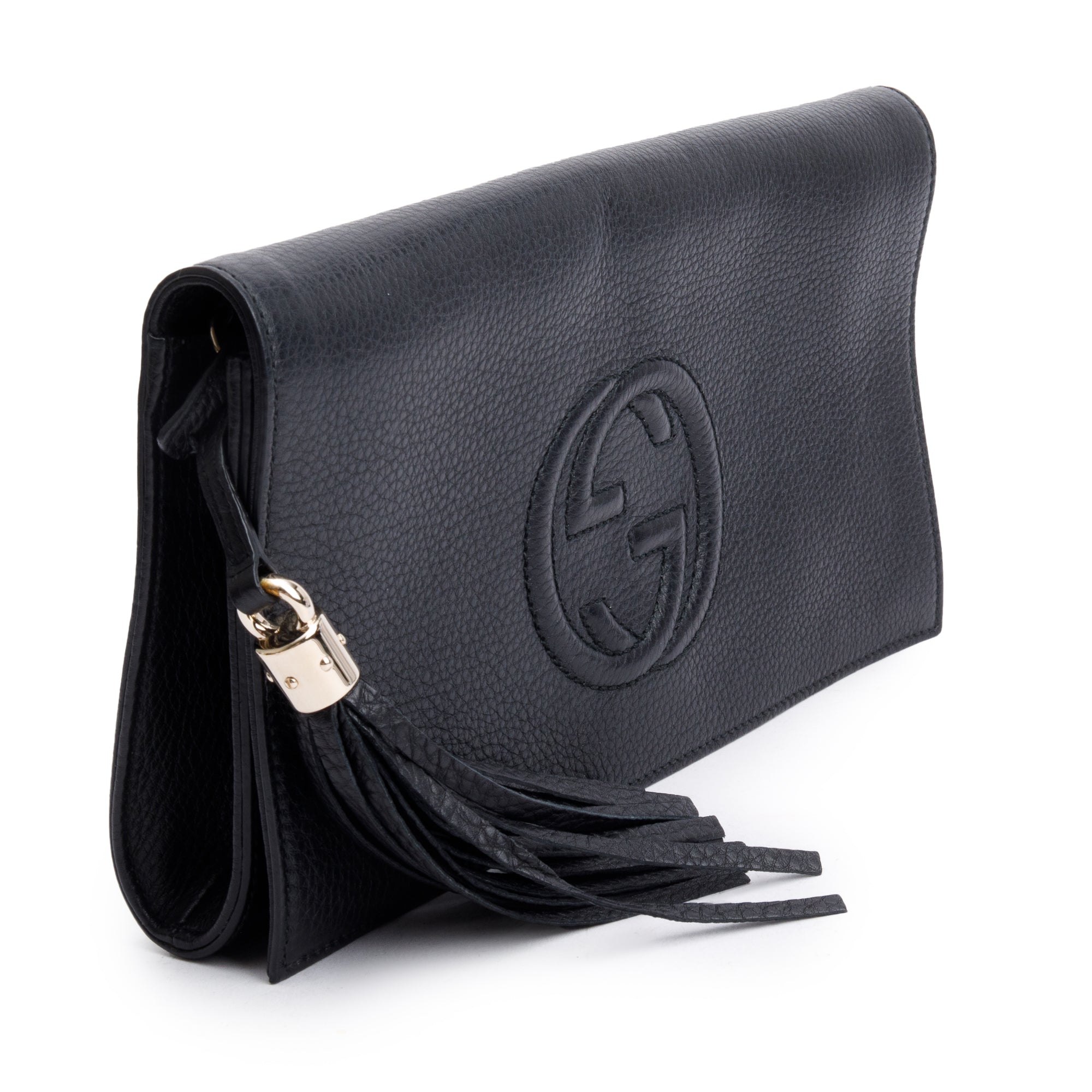 Gucci Black Leather Medium GG Soho Tassel Clutch Bag