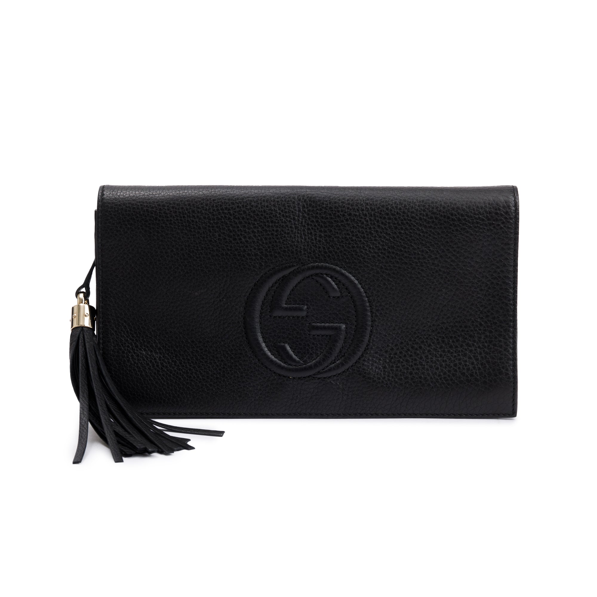 Gucci Black Leather Medium GG Soho Tassel Clutch Bag