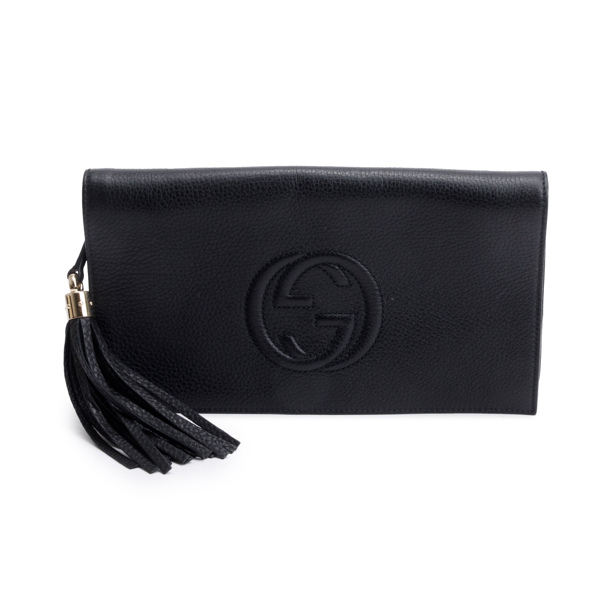 Gucci Black Leather Medium GG Soho Tassel Clutch Bag