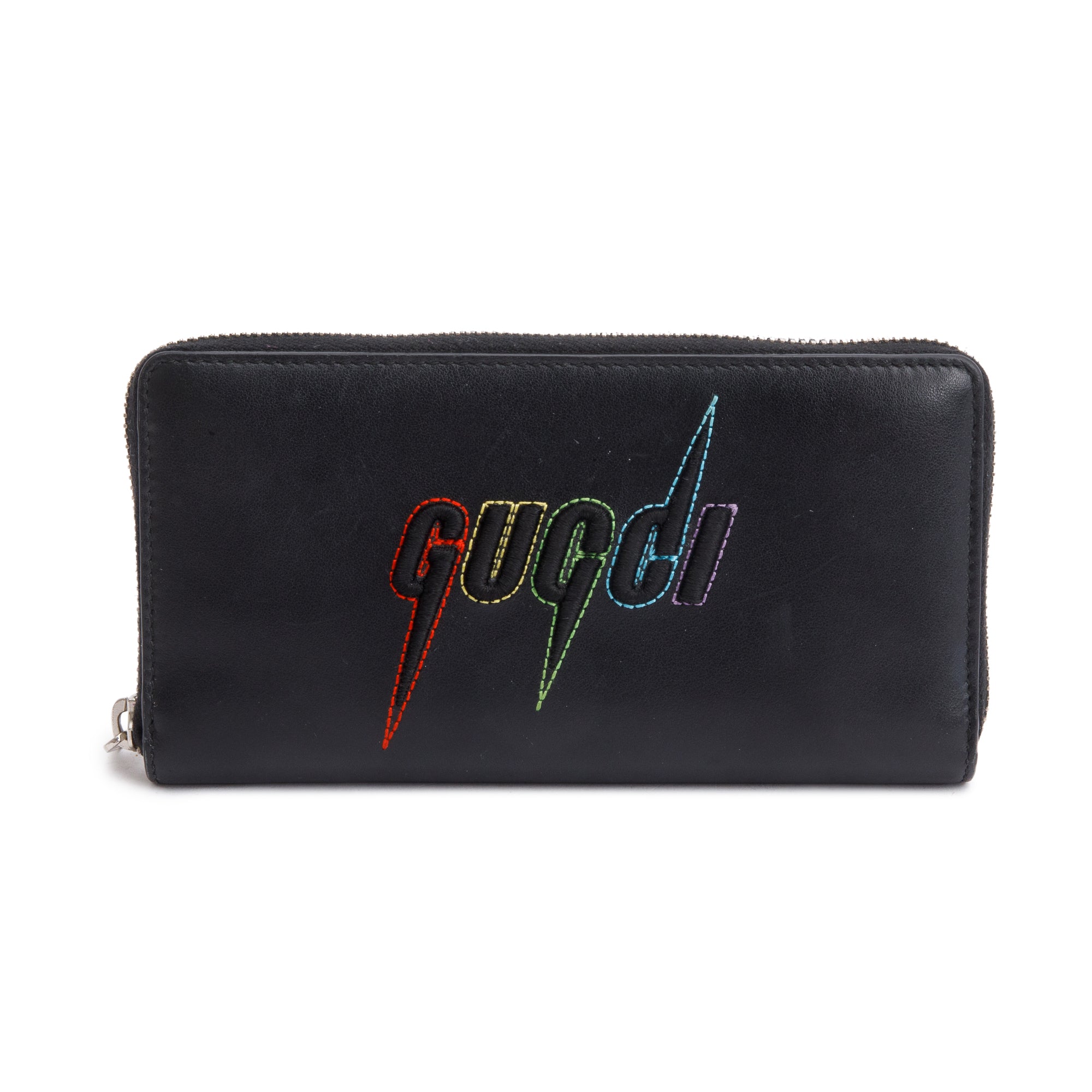 Gucci Black Leather Rainbow Blade Logo Continental Zip Wallet w/ Box