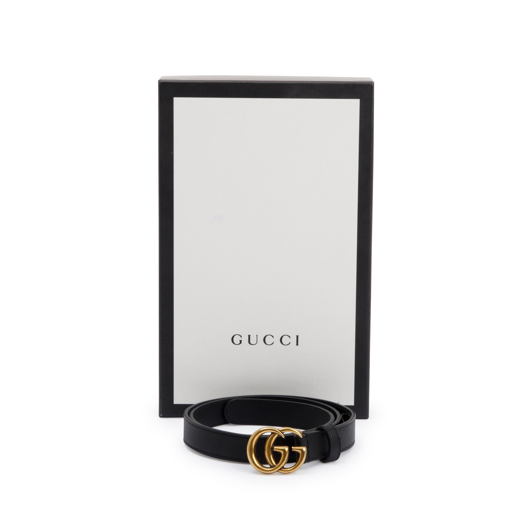 Gucci Black Leather Thin Belt with Double G Buckle, 75 30 w/ Box