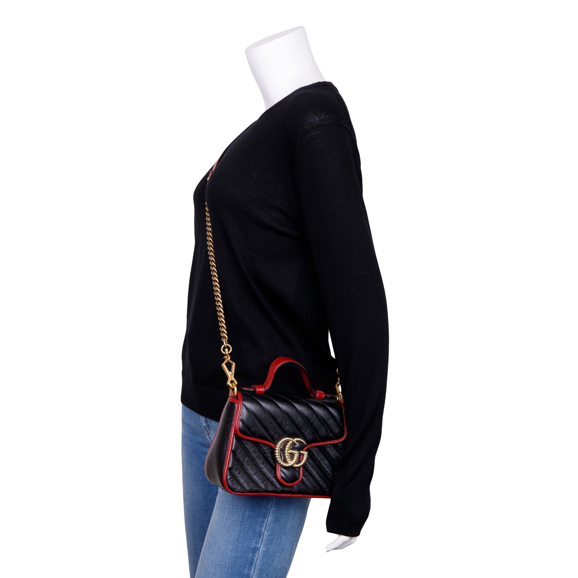 Gucci Black Matelasse Diagonal Mini Torchon GG Marmont Top Handle Bag w/ Strap