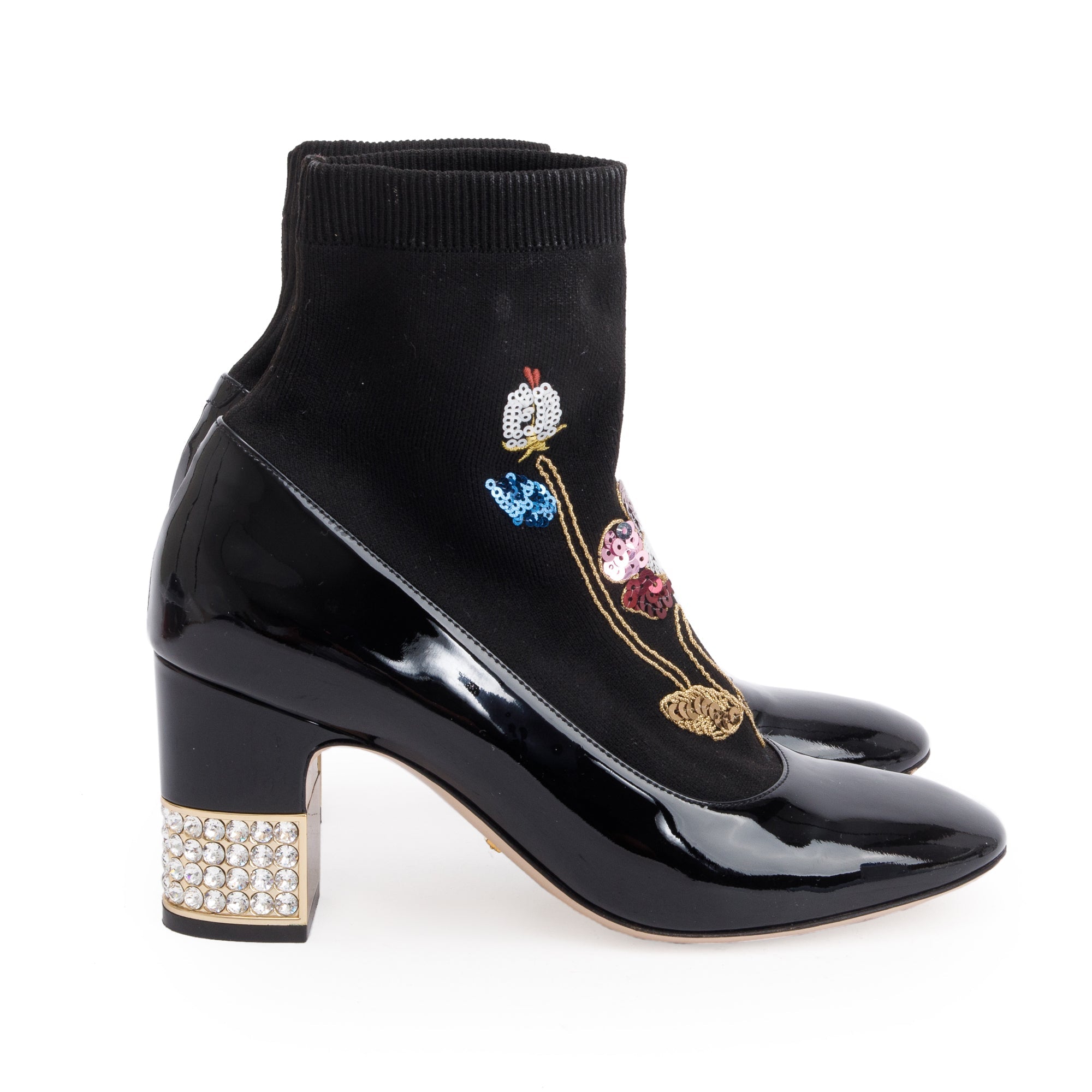 Gucci Black Patent Leather Crystal Sock Boots, Size 38