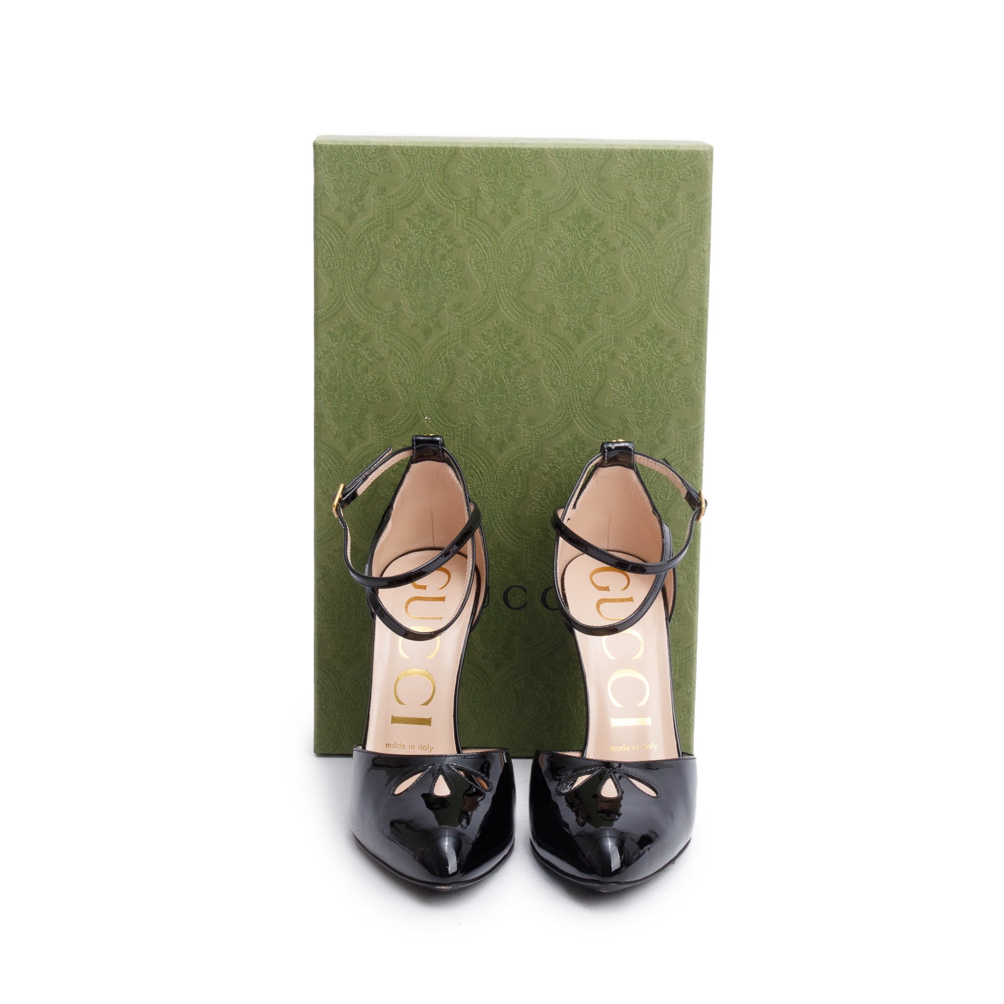 Gucci Black Patent Leather GG Indya Ankle Wrap Pumps, Size 37.5 w/ Box