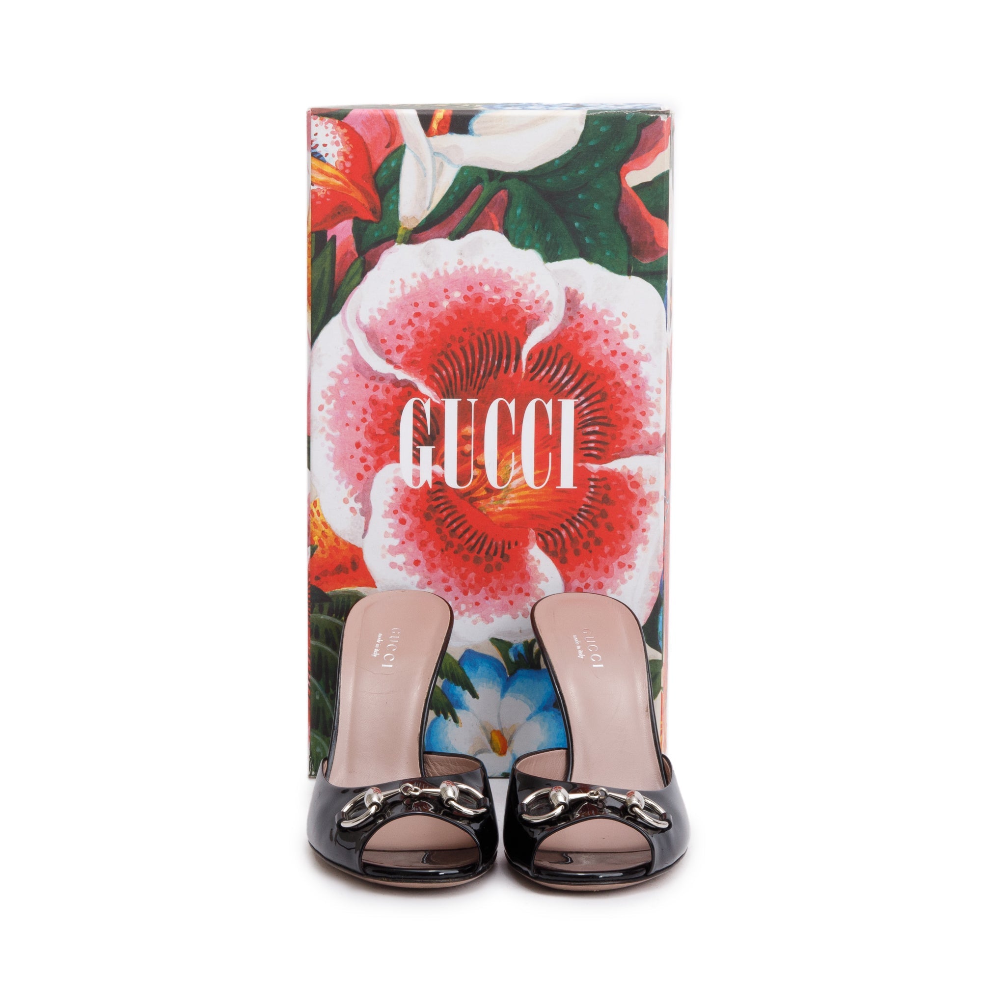 Gucci Black Patent Leather Horsebit Peep-Toe Sandals, Size 37 w/ Box