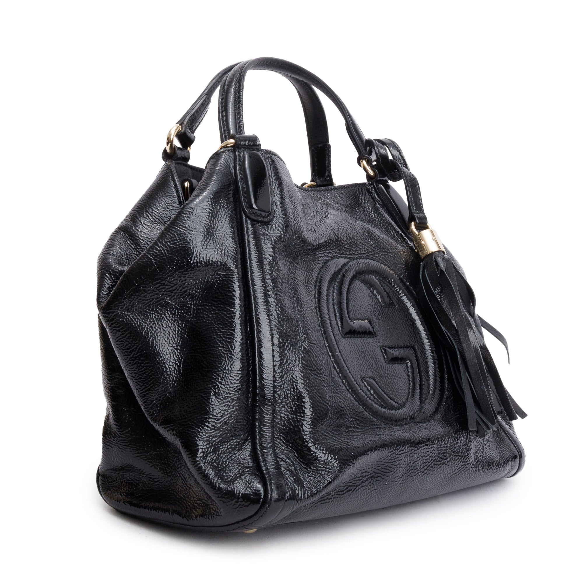 Gucci Black Patent Leather Small Convertible Soho Hobo Bag w/ Strap