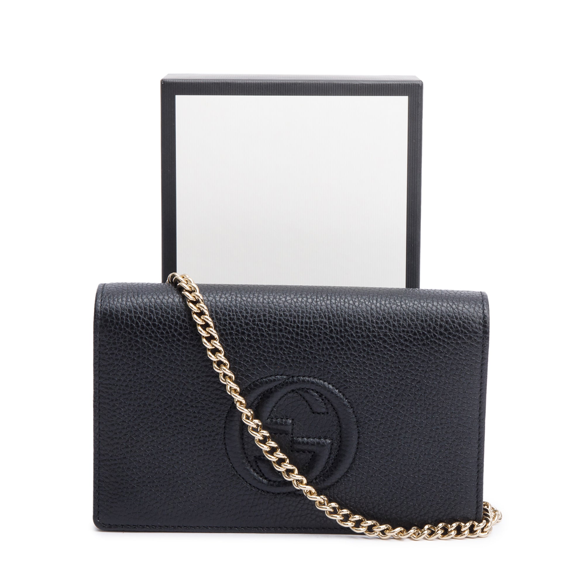 Gucci Black Pebbled Calfskin Soho Wallet On Chain w/ Box