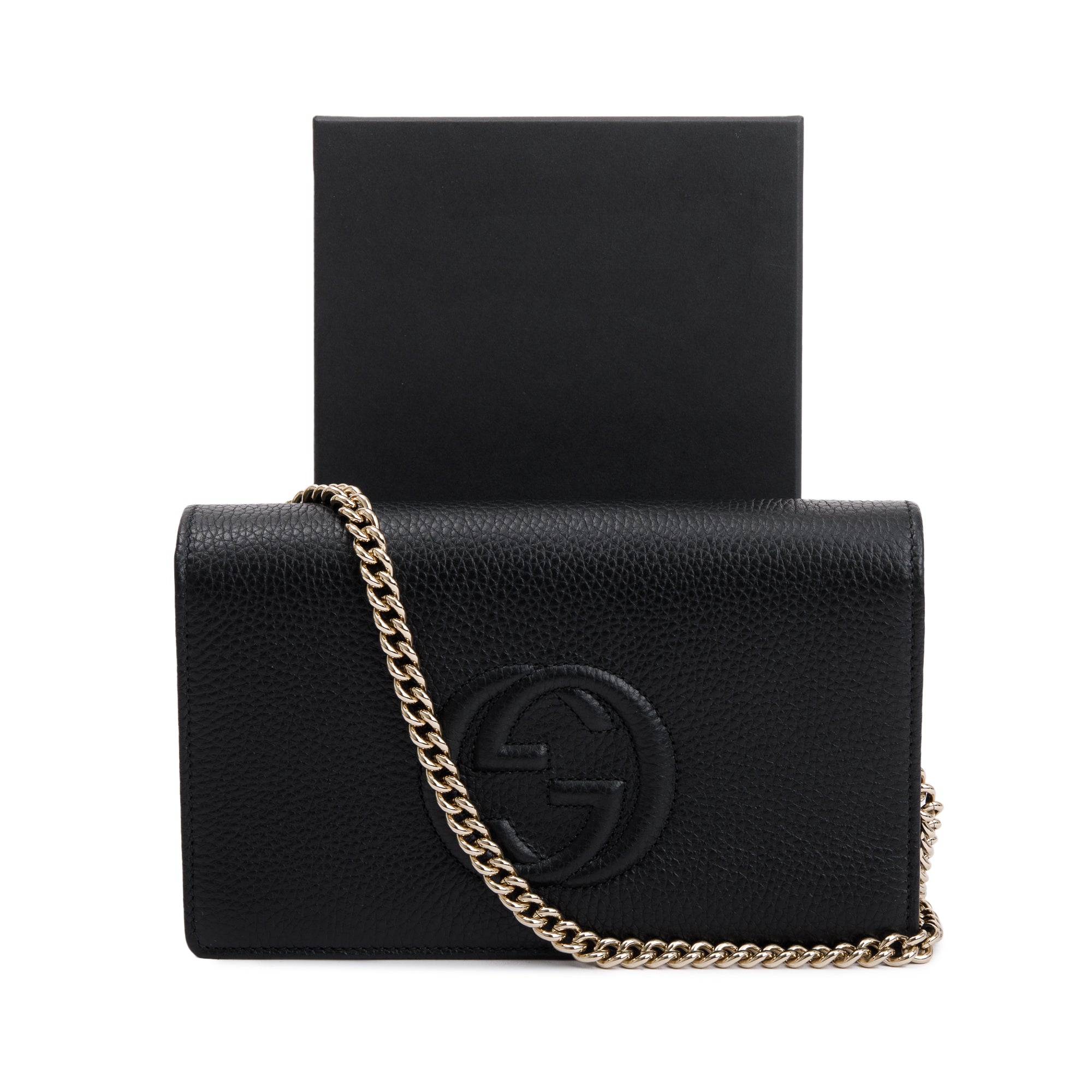Gucci Black Pebbled Calfskin Soho Wallet On Chain w/ Box