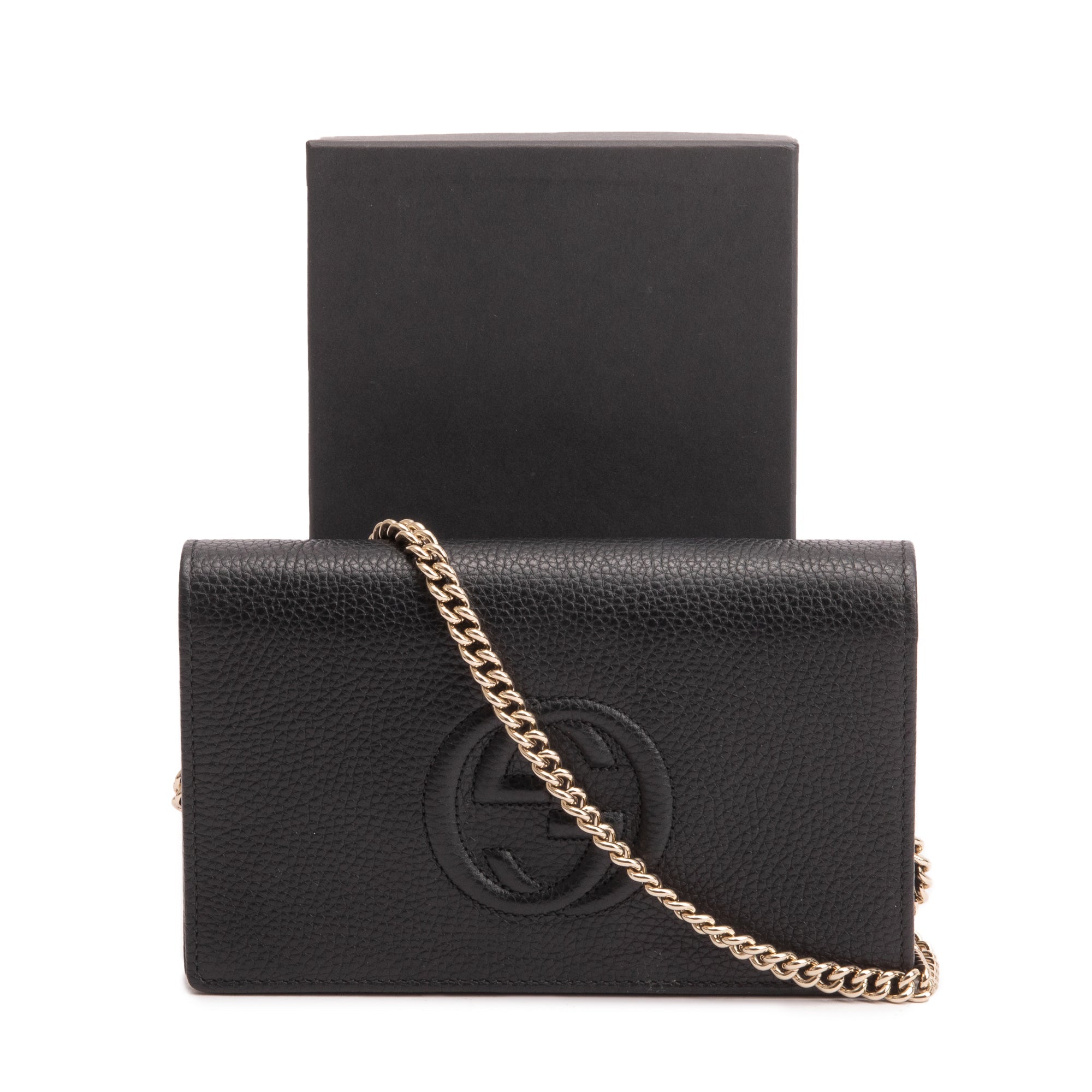 Gucci Black Pebbled Calfskin Soho Wallet On Chain w/ Box