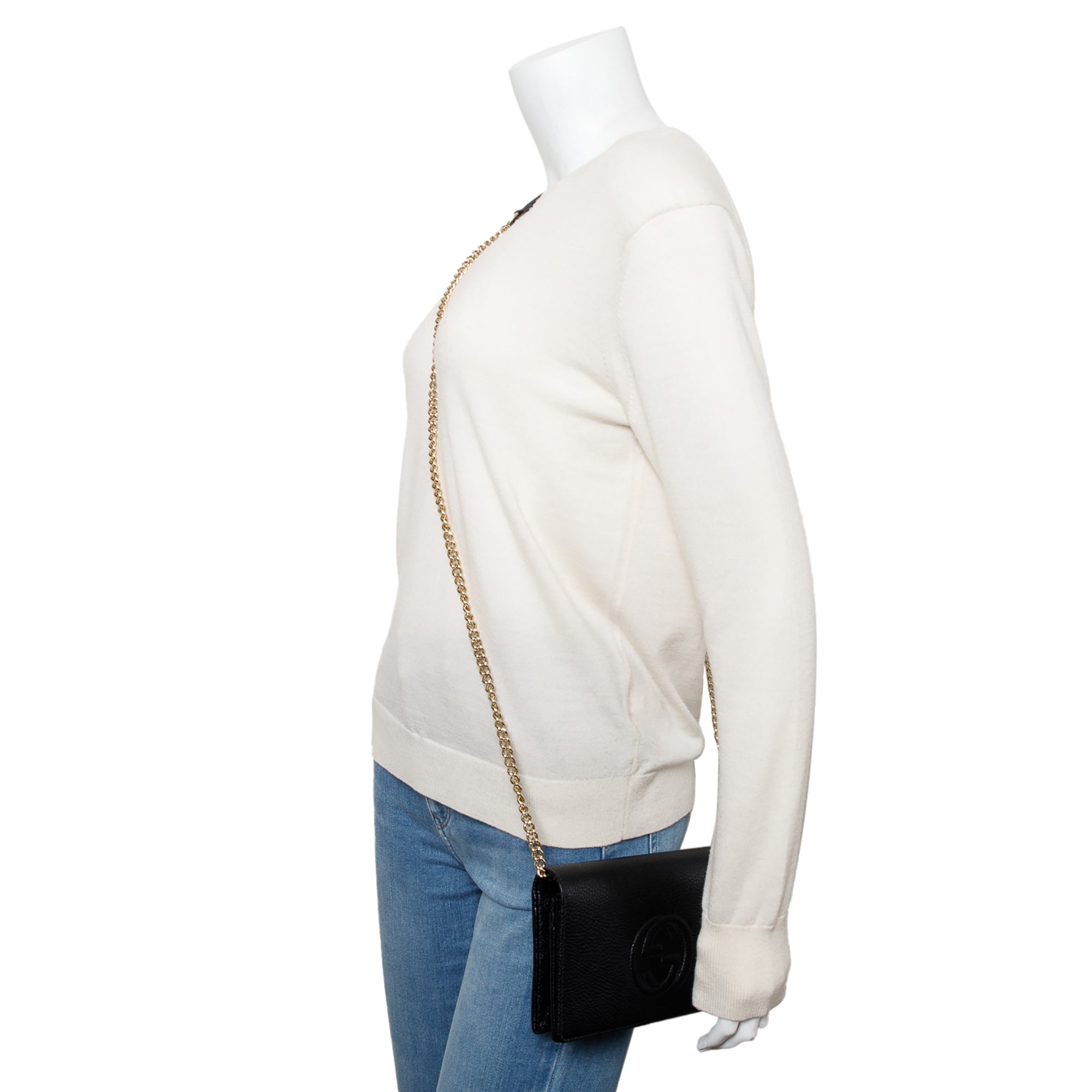 Gucci Black Pebbled Calfskin Soho Wallet On Chain w/ Box