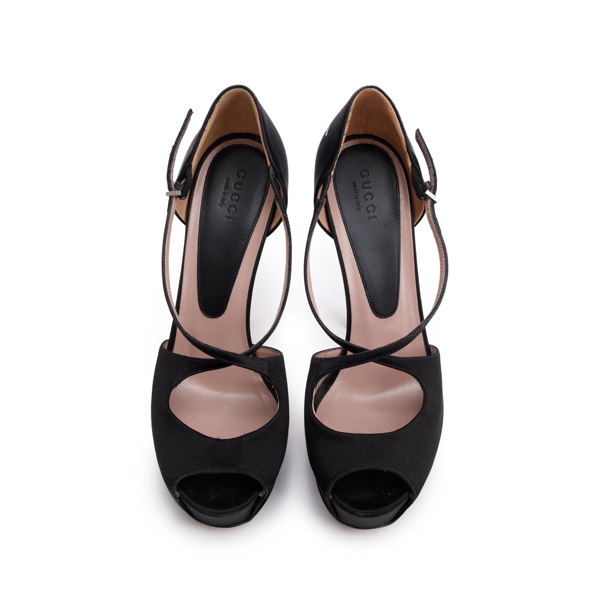 Gucci Black Satin Peep-Toe Platform Sandals, Size 37.5