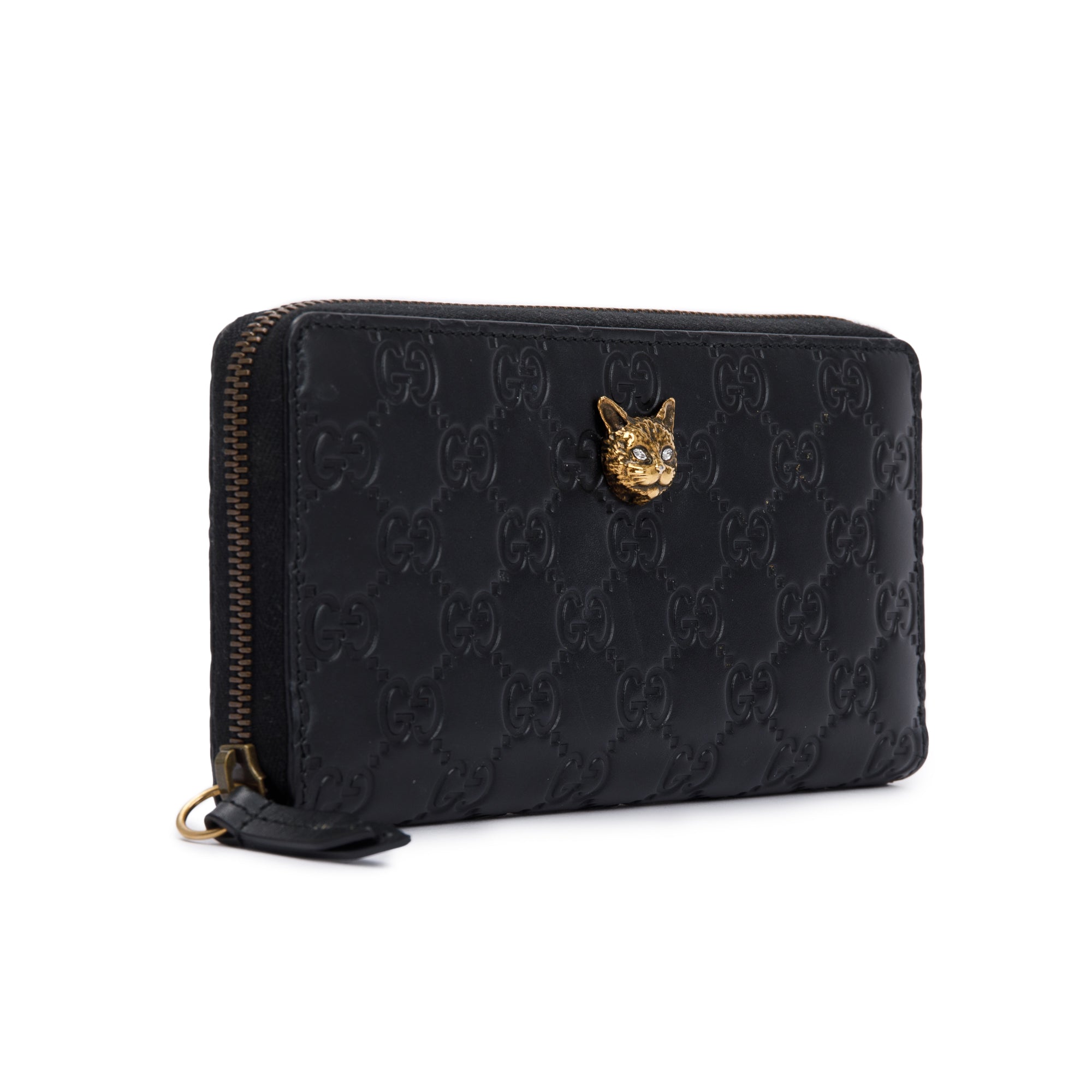 Gucci Black Signature Leather Cat Head Continental Zip Wallet