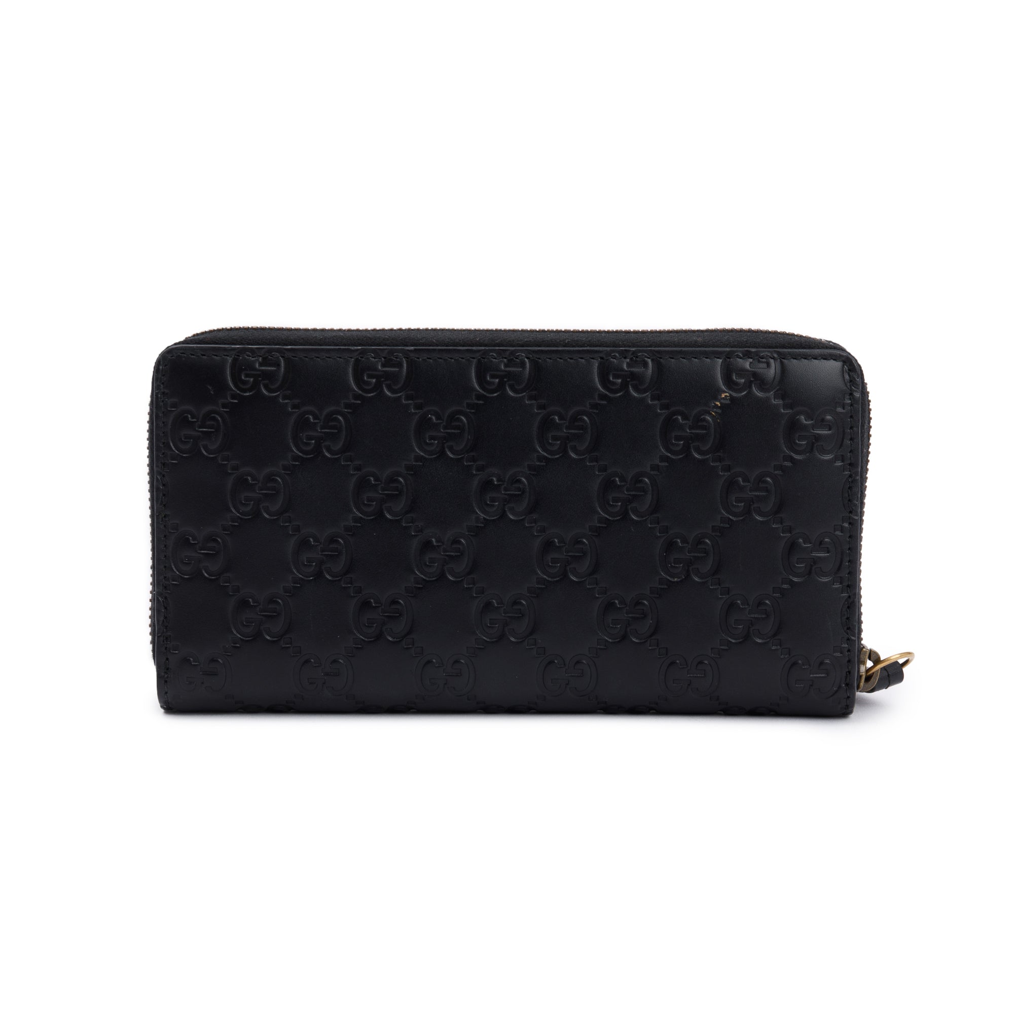 Gucci Black Signature Leather Cat Head Continental Zip Wallet