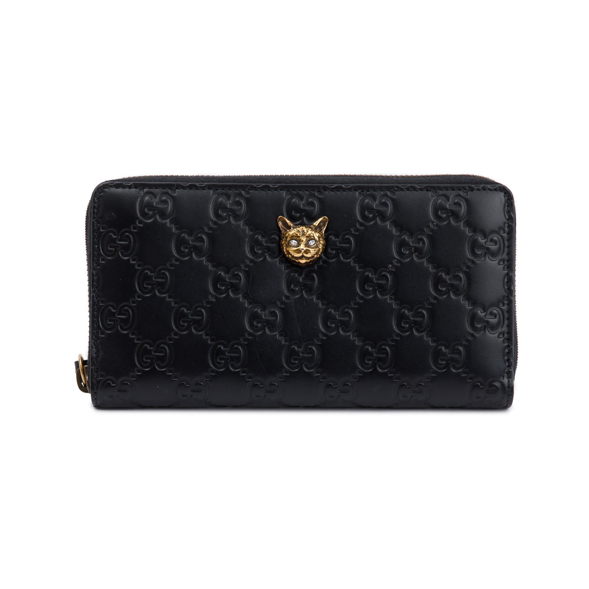 Gucci Black Signature Leather Cat Head Continental Zip Wallet