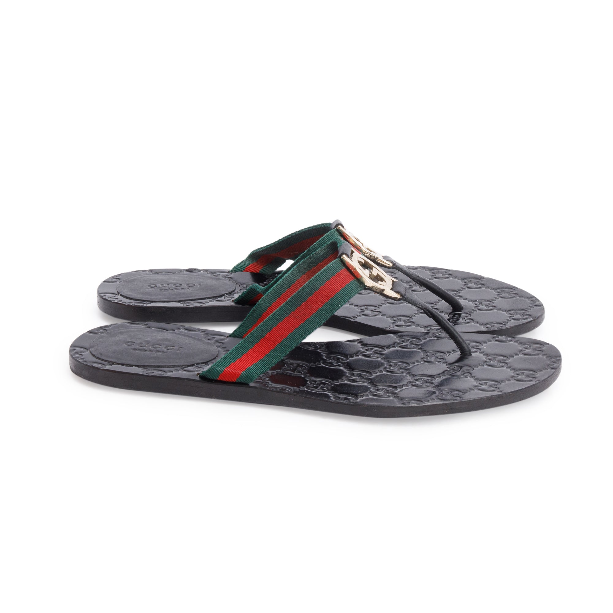 Gucci Black Signature Leather Web Canvas Interlocking G Logo Thong Sandals, Size 37.5