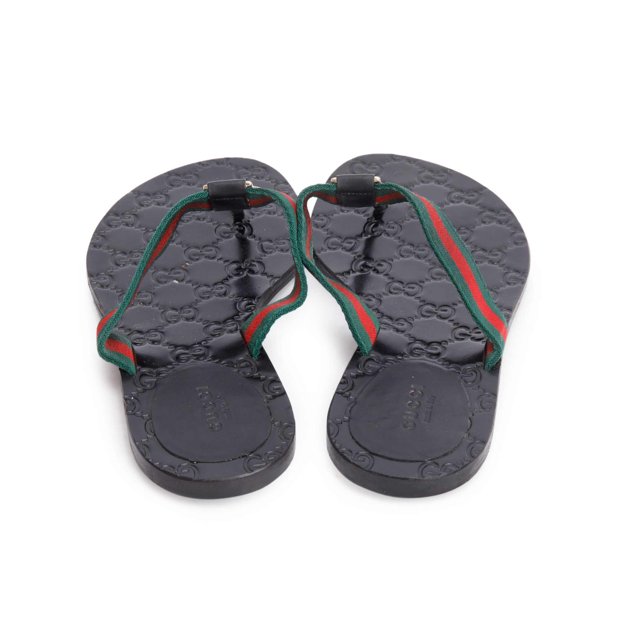 Gucci Black Signature Leather Web Canvas Interlocking G Logo Thong Sandals, Size 37.5