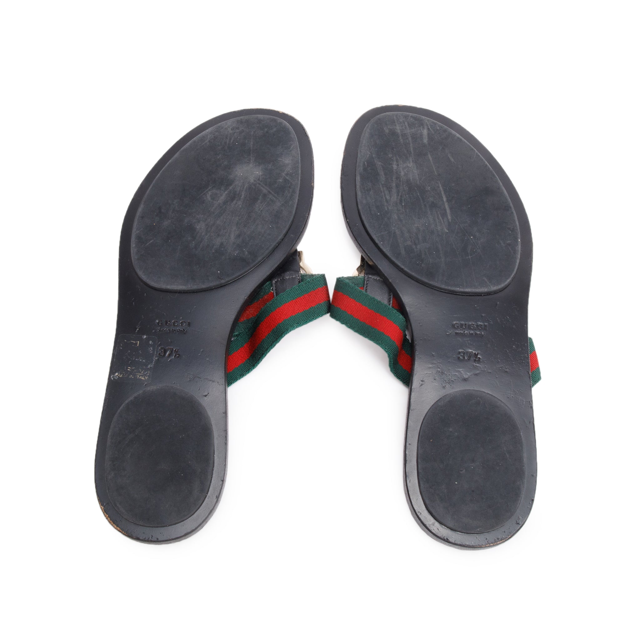 Gucci Black Signature Leather Web Canvas Interlocking G Logo Thong Sandals, Size 37.5