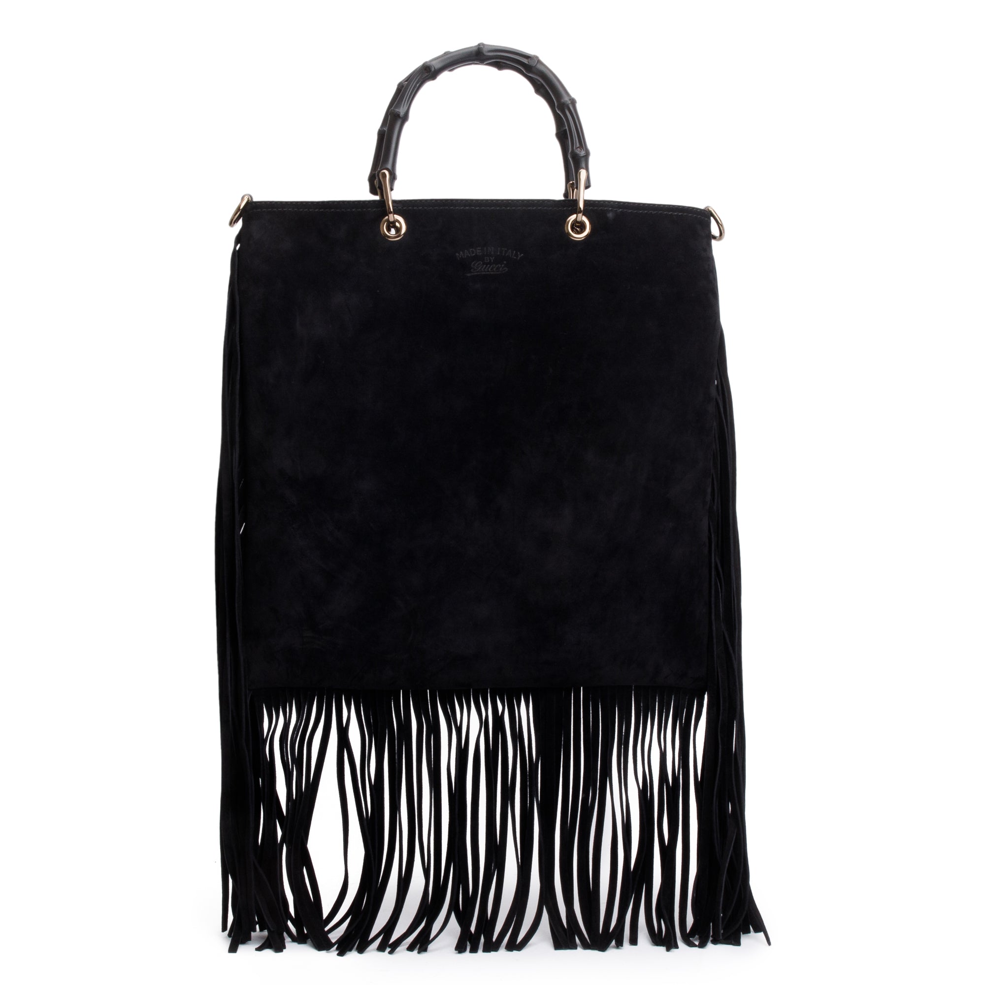 Gucci Black Suede Bamboo Fringe Shopper Tote w/ Strap