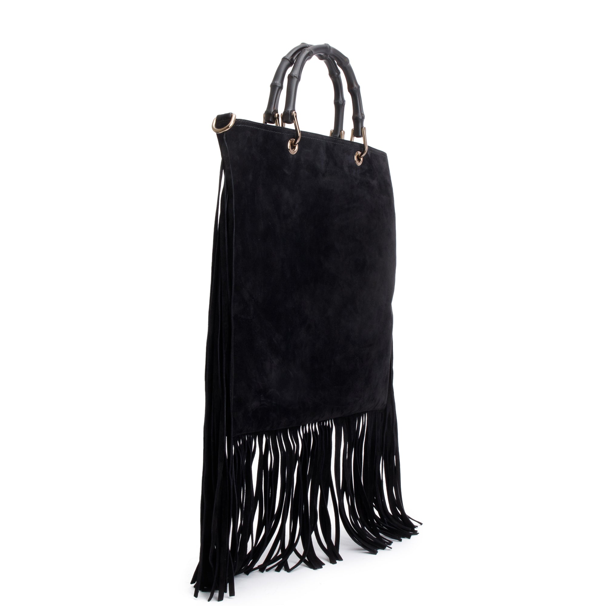 Gucci Black Suede Bamboo Fringe Shopper Tote w/ Strap