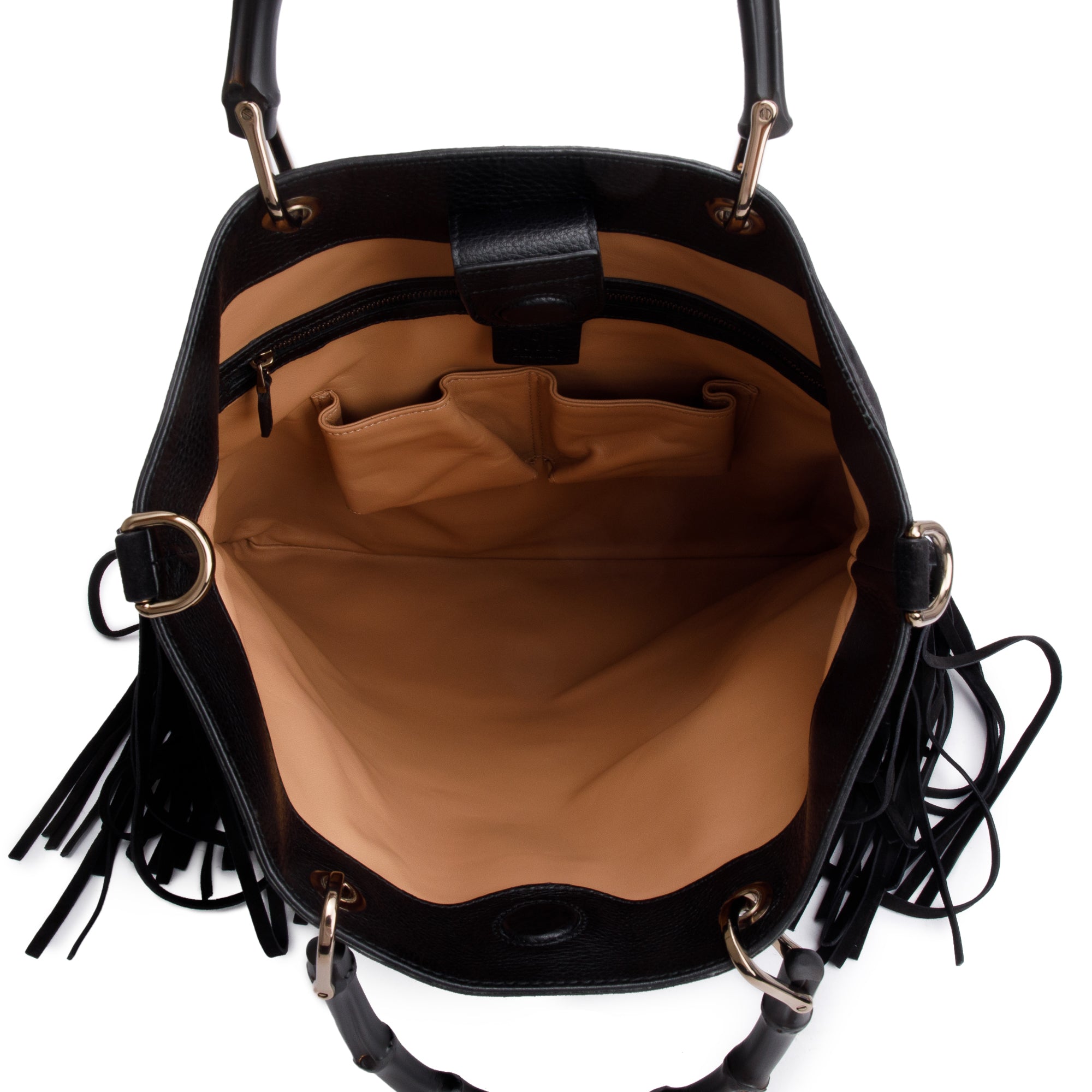Gucci Black Suede Bamboo Fringe Shopper Tote w/ Strap