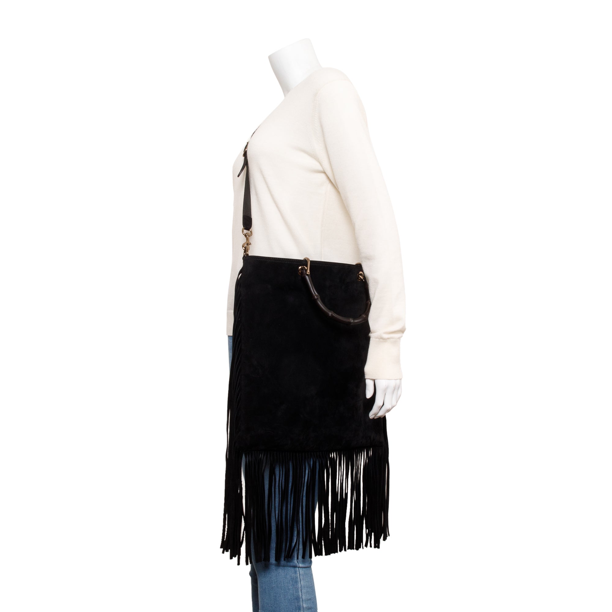Gucci Black Suede Bamboo Fringe Shopper Tote w/ Strap