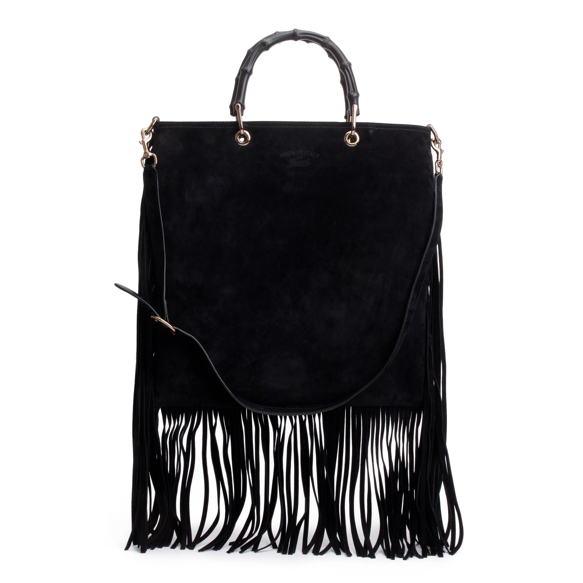 Gucci Black Suede Bamboo Fringe Shopper Tote w/ Strap
