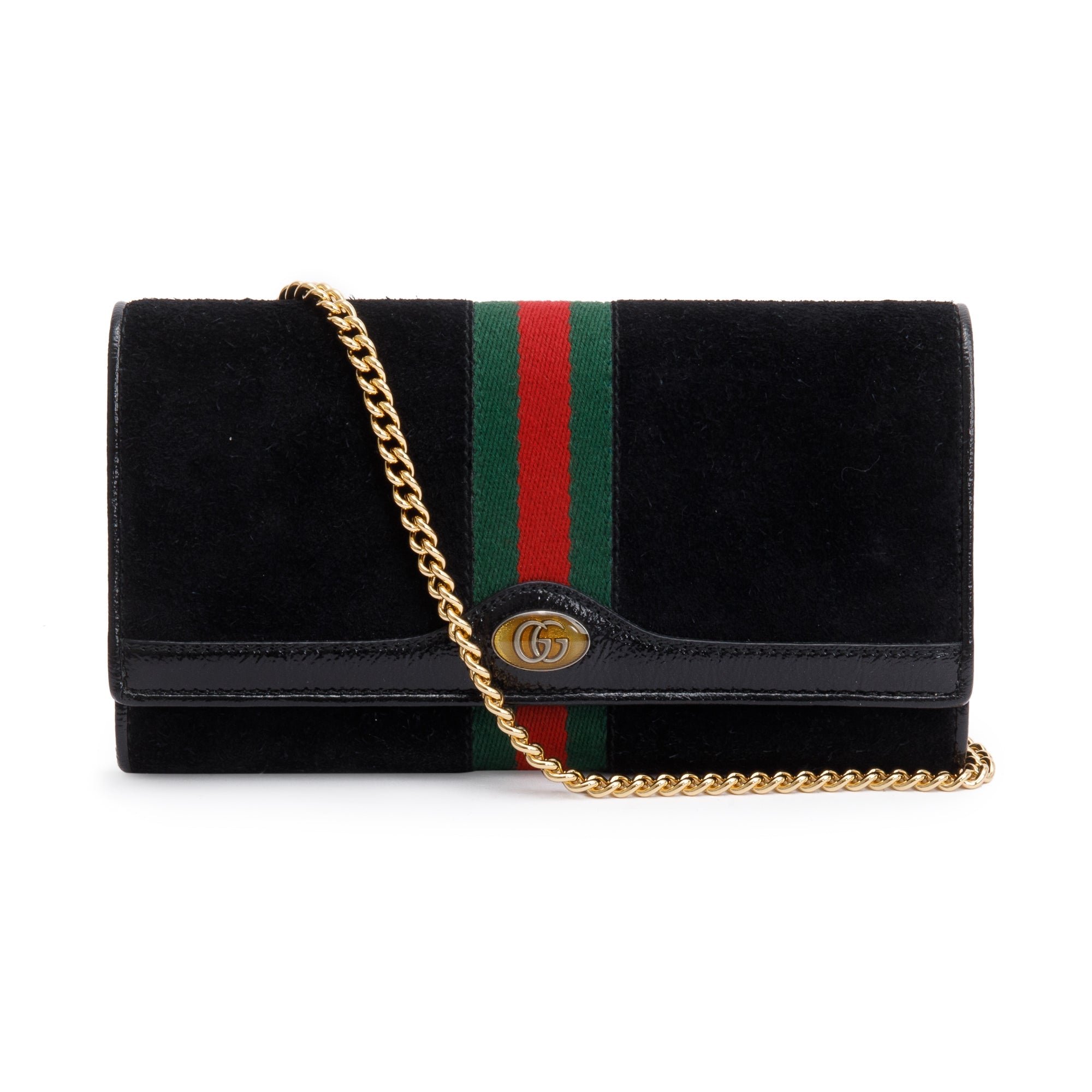 Gucci Black Suede Ophidia GG Web Wallet on Chain w/ Box