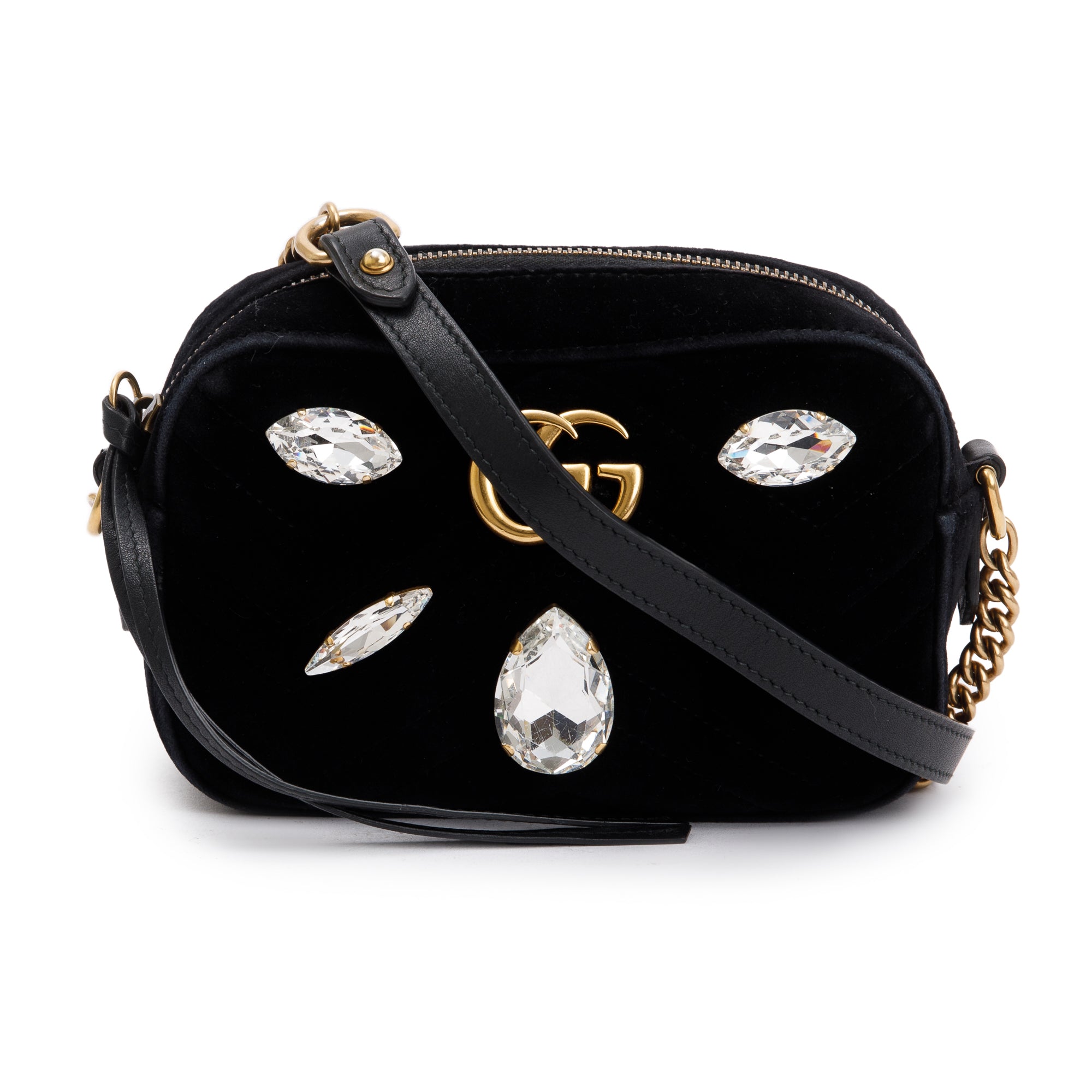 Gucci Black Velvet GG Marmont Matelasse Crystal Mini Shoulder Bag w/ Box & Receipt