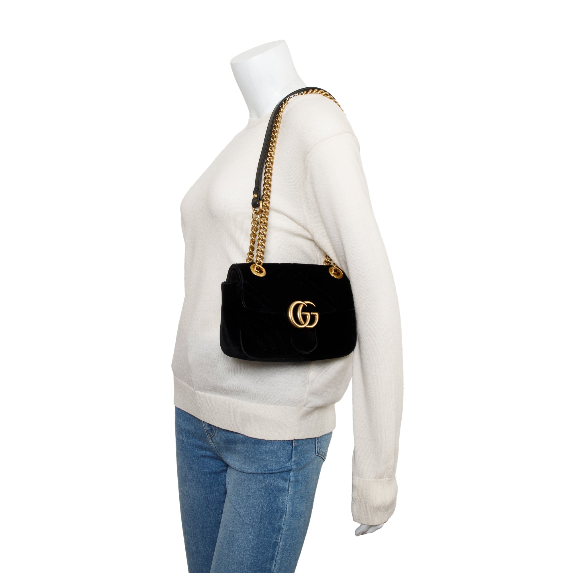 Gucci Black Velvet Matelasse GG Marmont Mini Shoulder Bag