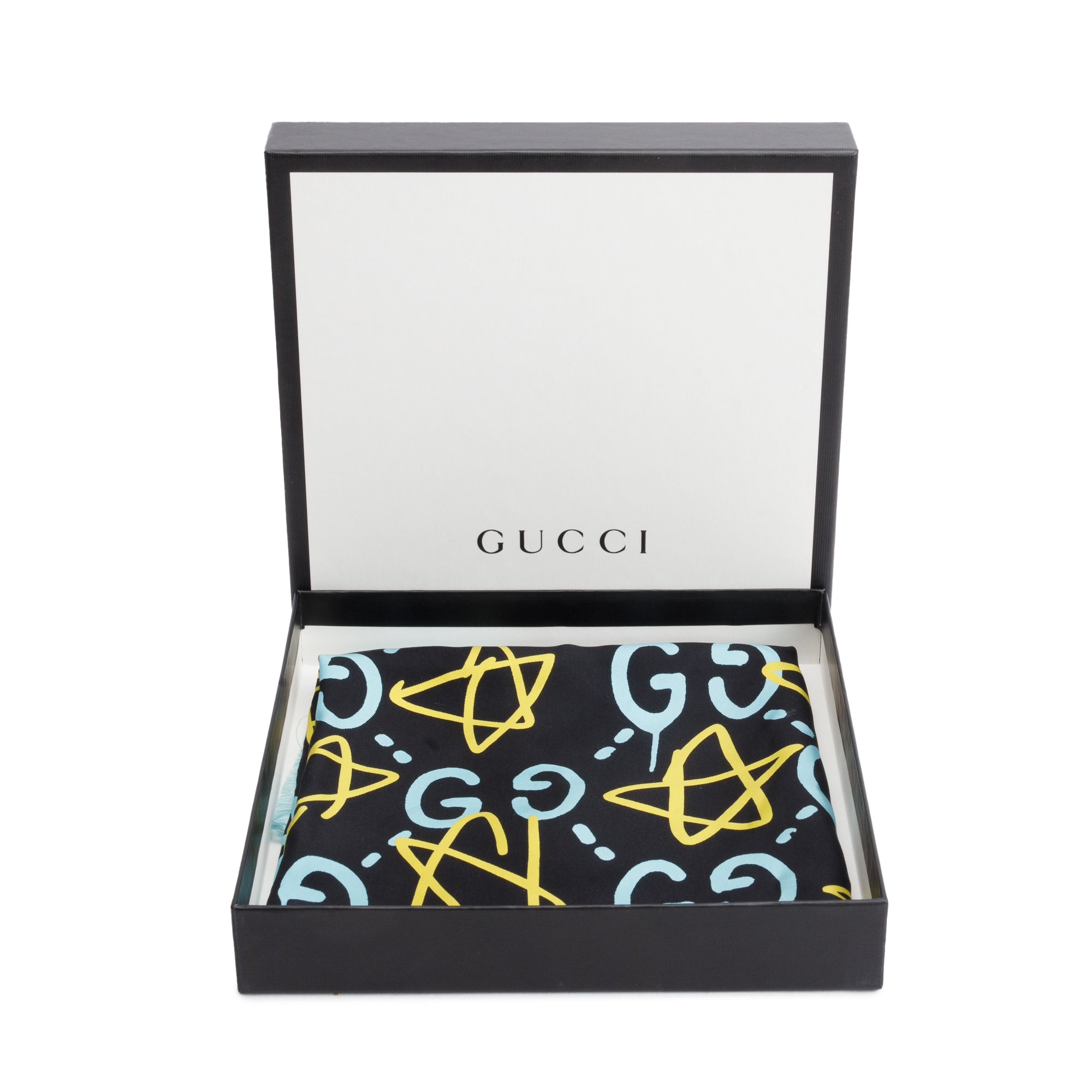 Gucci Black/Blue GG Star GucciGhost Print Silk Scarf w/ Box