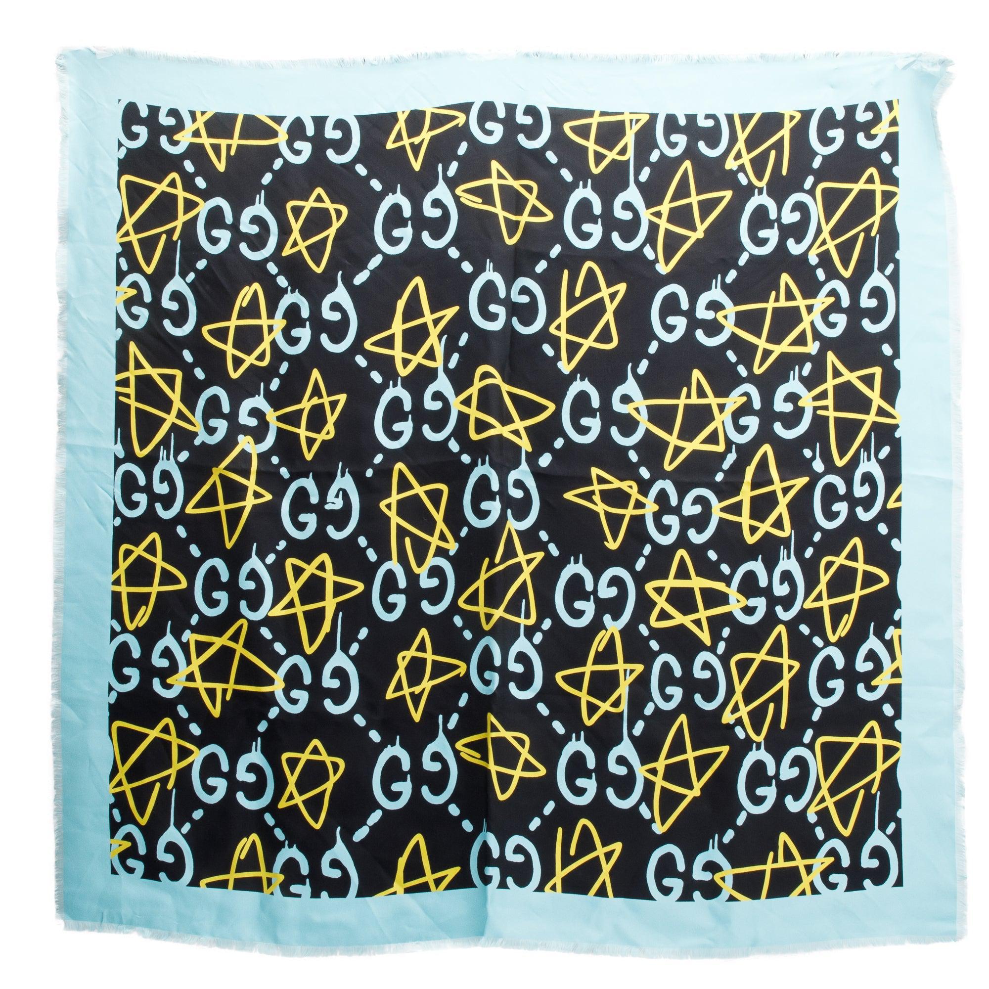 Gucci Black/Blue GG Star GucciGhost Print Silk Scarf w/ Box