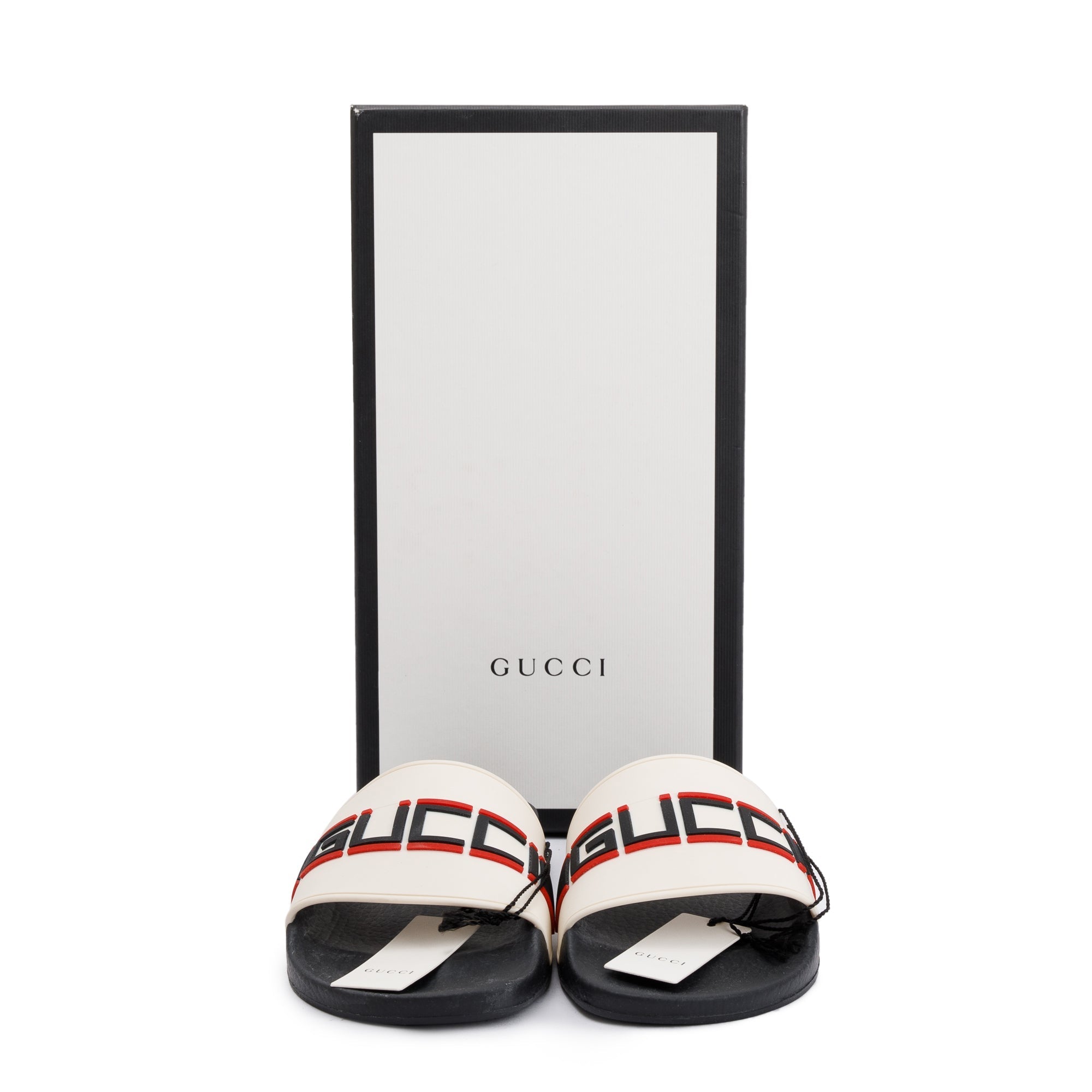 Gucci Black/White Rubber Logo Slides, Size 7.5 w/ Box