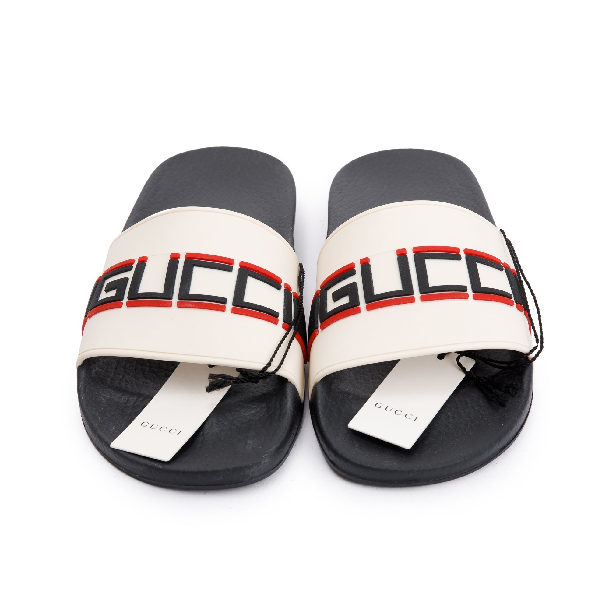 Gucci Black/White Rubber Logo Slides, Size 7.5 w/ Box