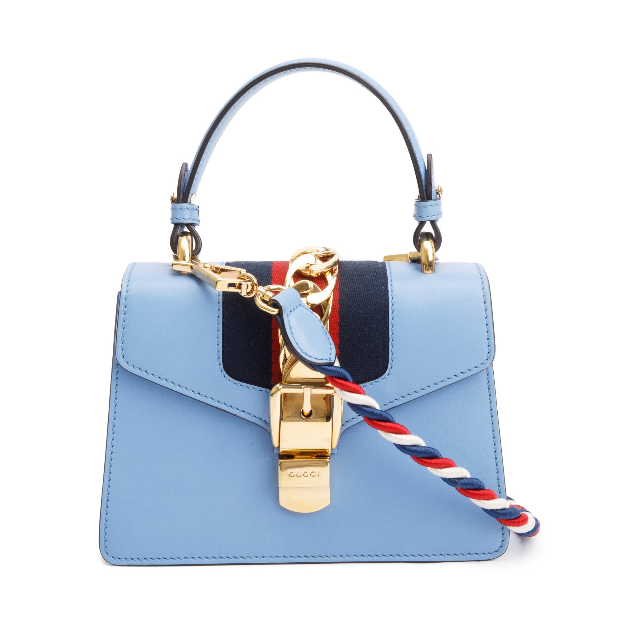 Gucci Blue Calfskin Leather Mini Sylvie Handle Bag w/ Straps