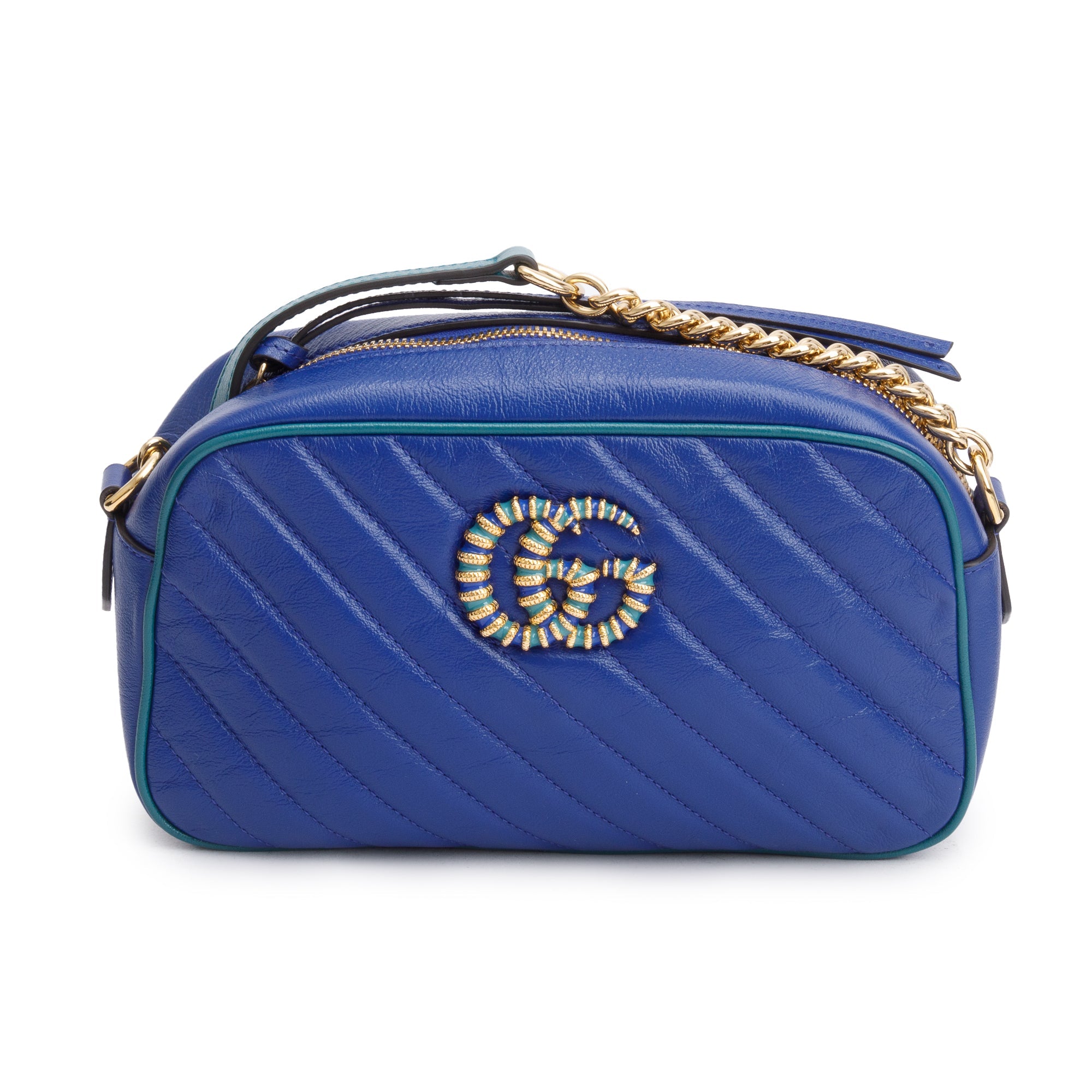 Gucci Blue Diagonal Torchon GG Marmont Small Chain Shoulder Bag