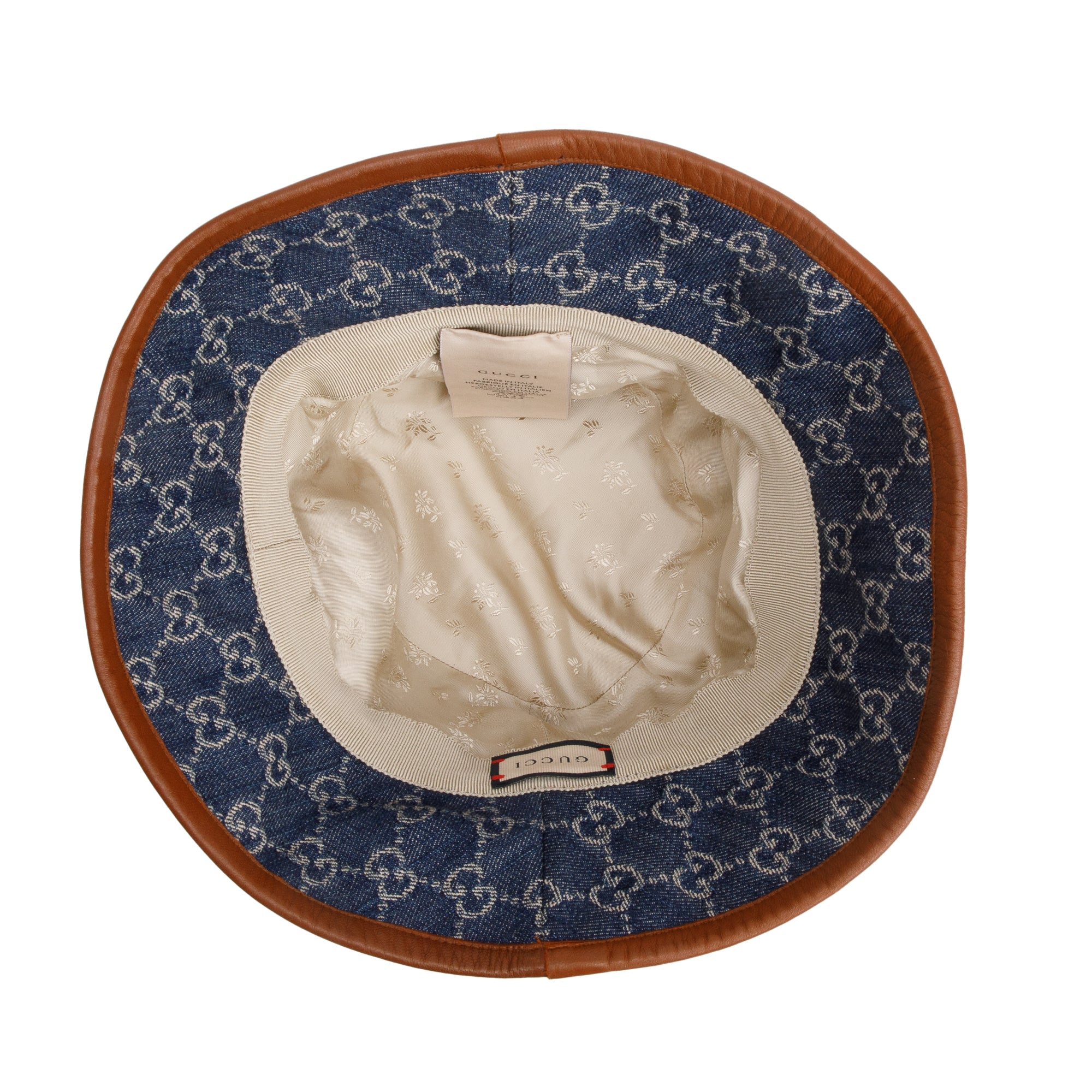 Gucci Blue GG Denim Brown Leather Bucket Hat, Size M 58 w/ Box