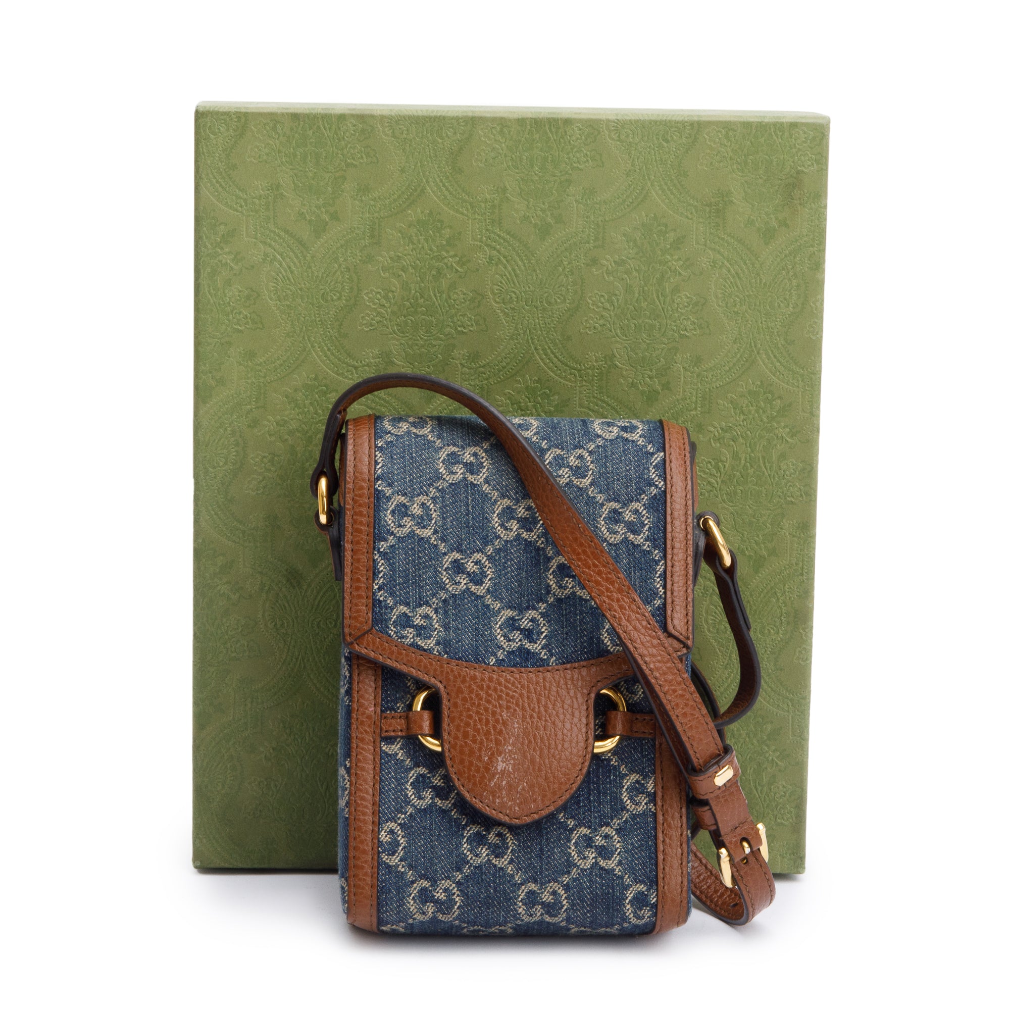 Gucci Blue GG Denim Brown Leather Trim Mini Horsebit 1955 Crossbody Bag w/ Box