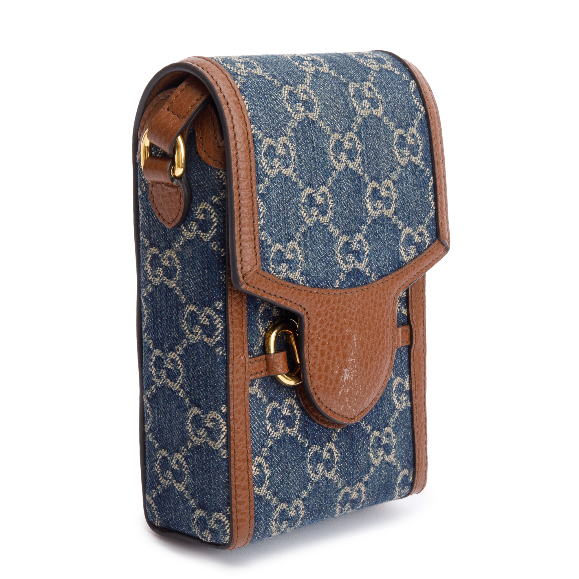 Gucci Blue GG Denim Brown Leather Trim Mini Horsebit 1955 Crossbody Bag w/ Box