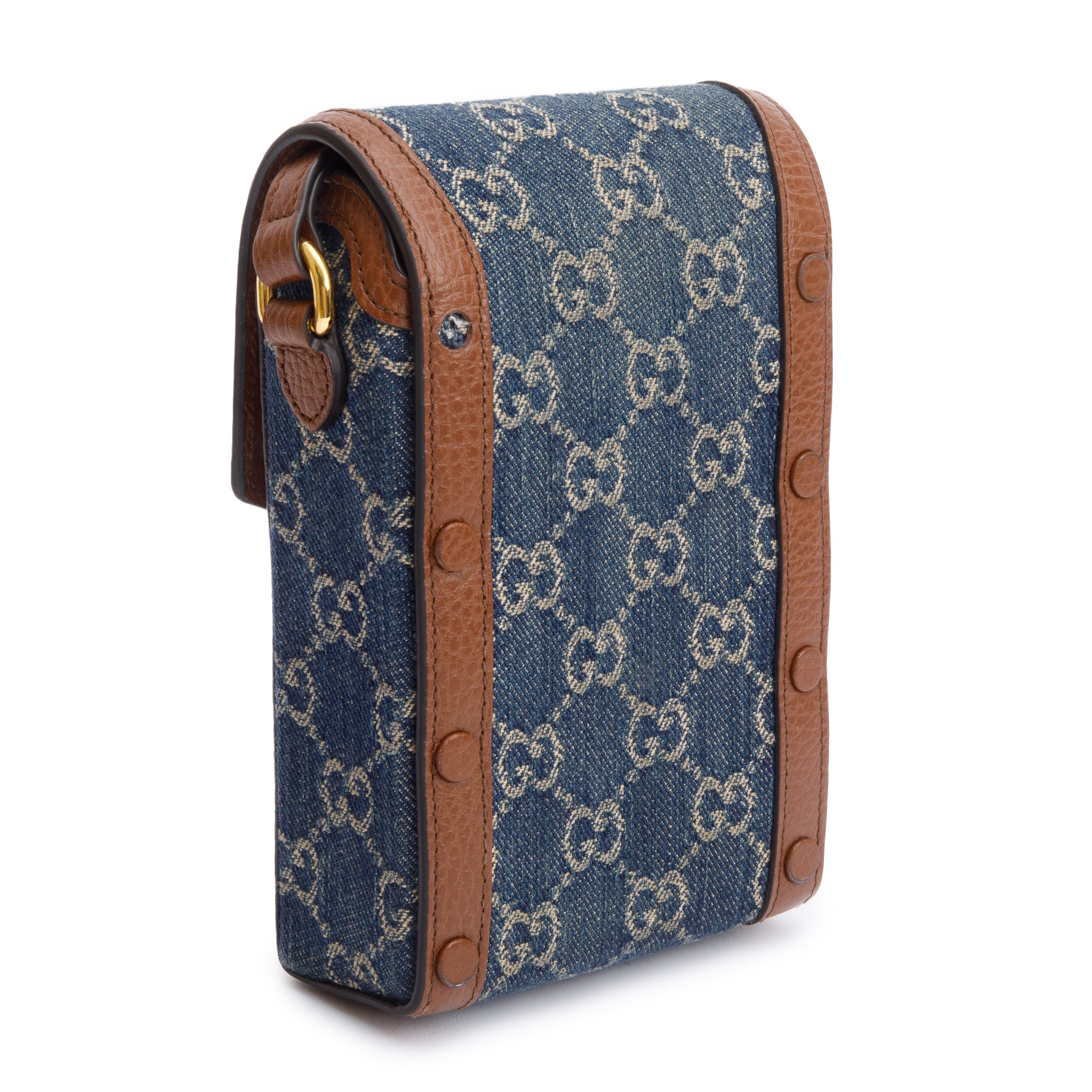 Gucci Blue GG Denim Brown Leather Trim Mini Horsebit 1955 Crossbody Bag w/ Box