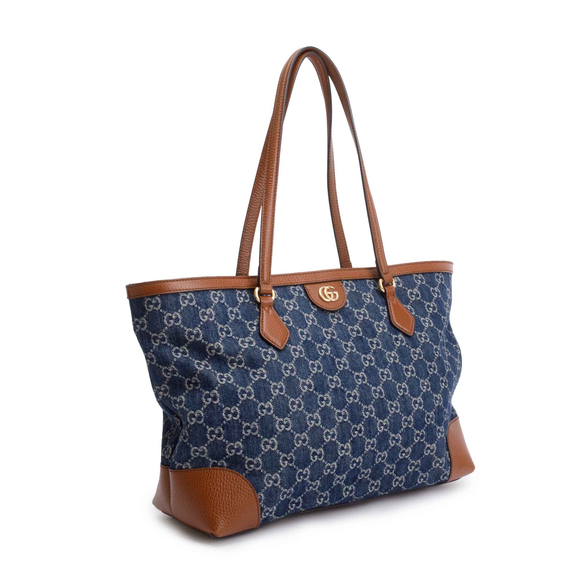Gucci Blue GG Denim Brown Leather Trim Ophidia GG Medium Tote