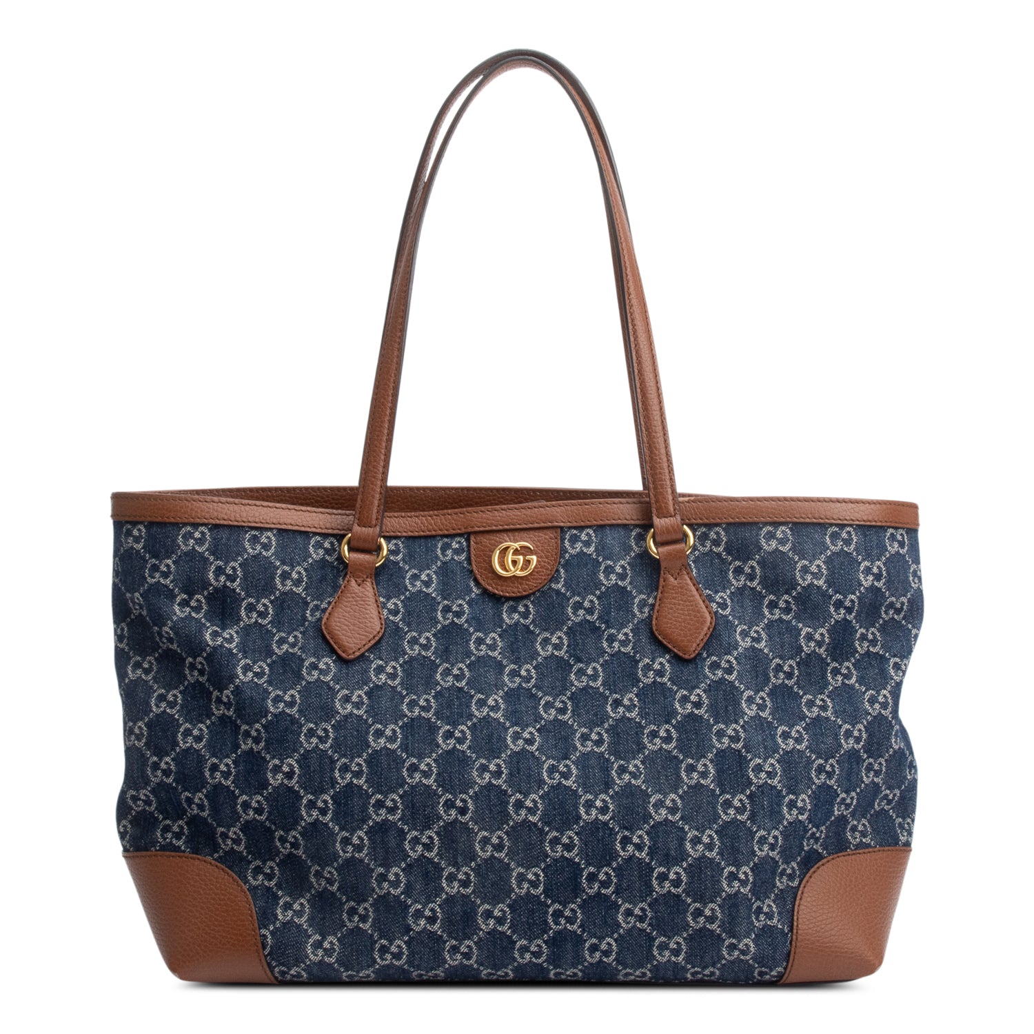 Gucci Blue GG Denim Brown Leather Trim Ophidia GG Medium Tote